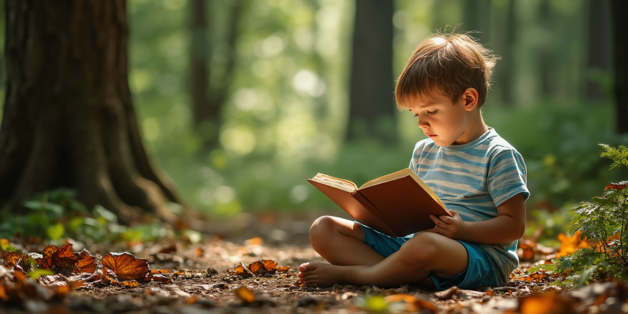 一个小男孩在森林阳光下读书