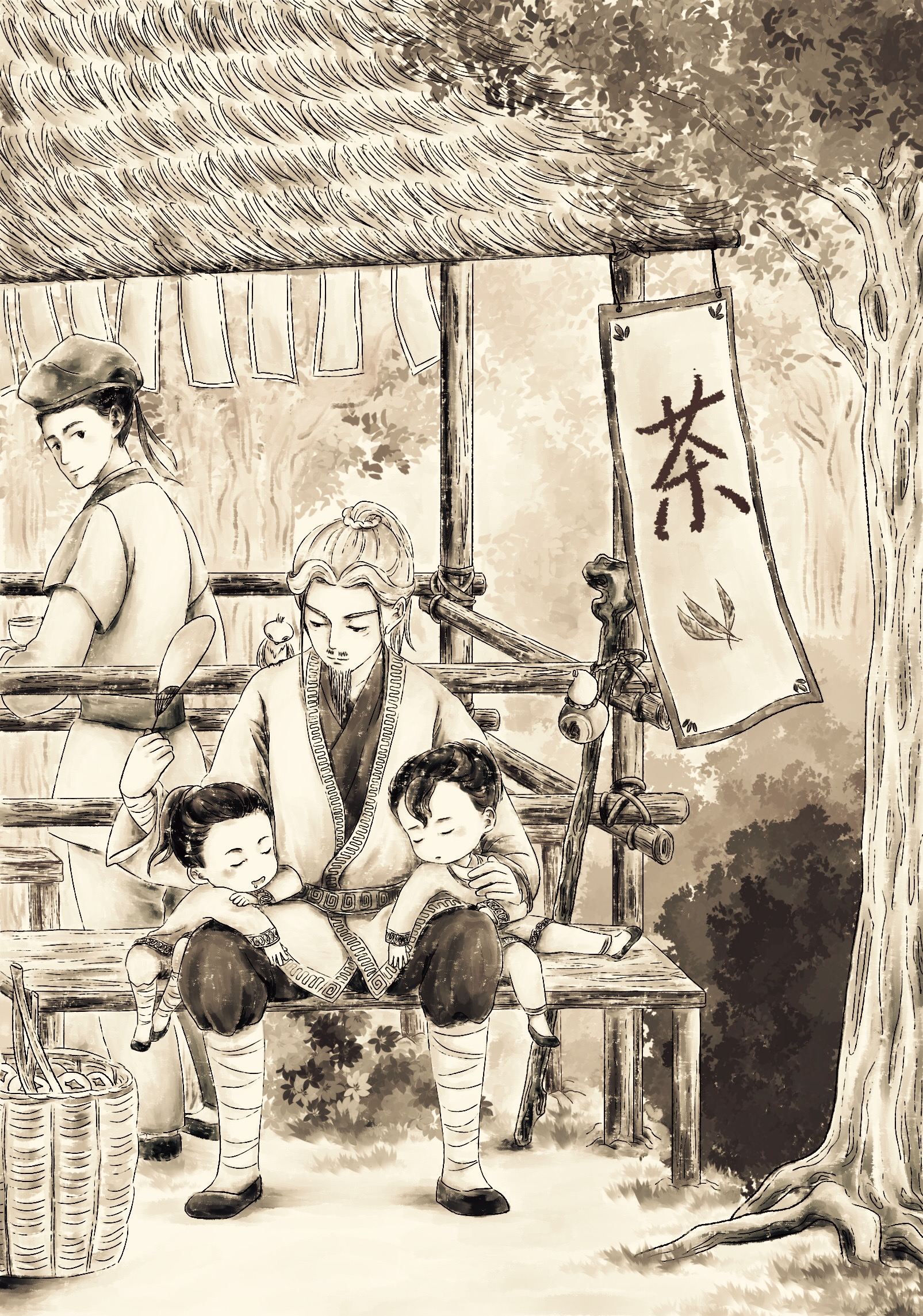 师父带着小徒弟们出来玩 .(有师父在真好,玩累了可以枕着师父睡觉.