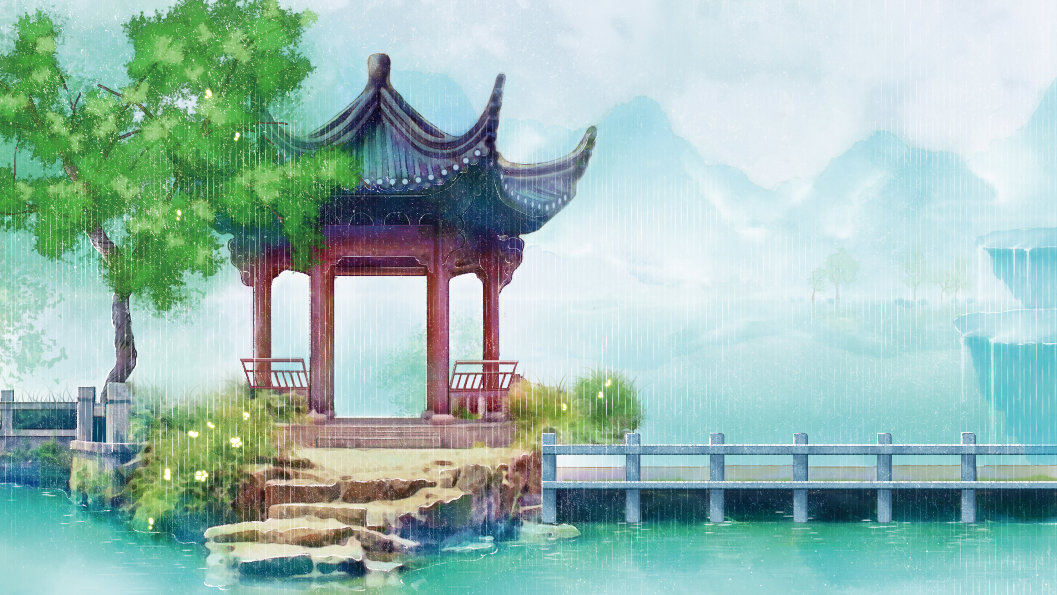 夏天下雨中国风古代建筑亭子远山