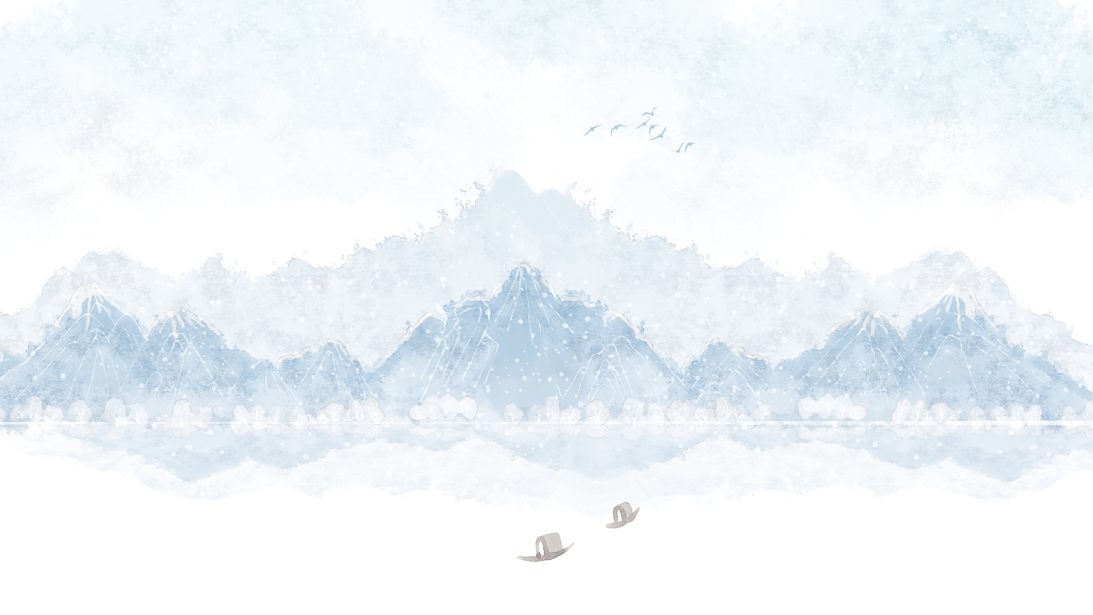 手绘冬天24节气插画远山梅花孤舟