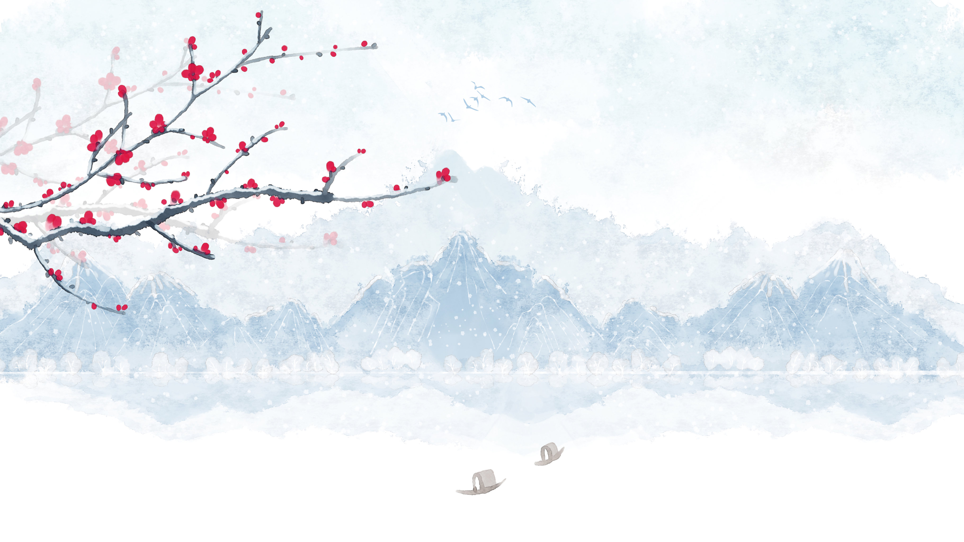 手绘冬天24节气插画远山梅花孤舟