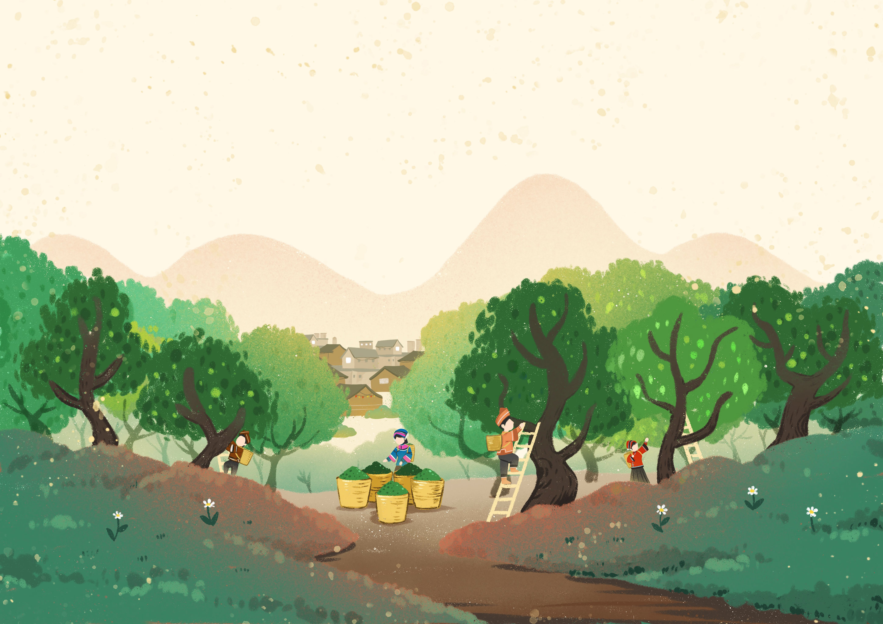 蜡笔风格民族风采摘果子丰收季插画 - fancy小洁