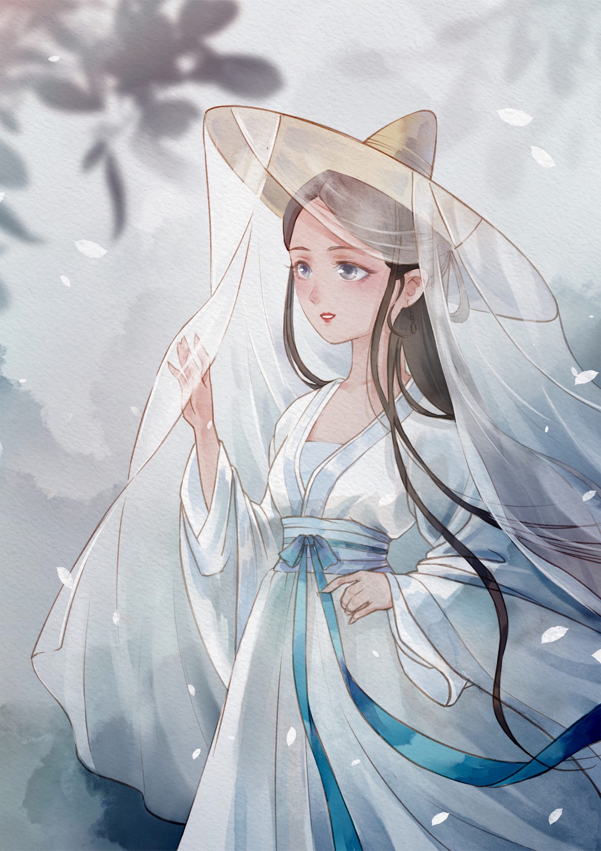 水彩风格古典穿围帽的汉服女孩