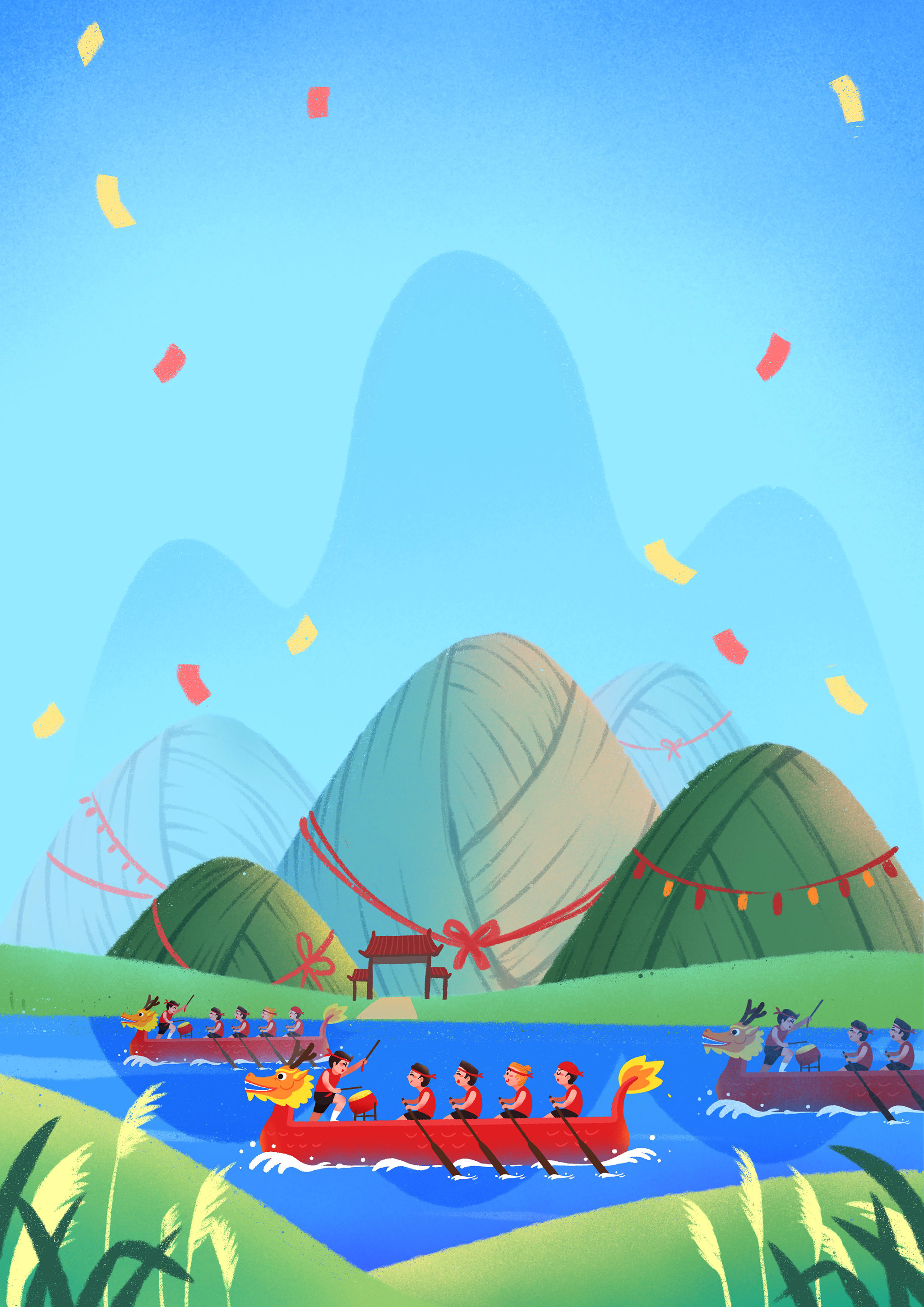 蓝天大山里的端午节赛龙舟插画
