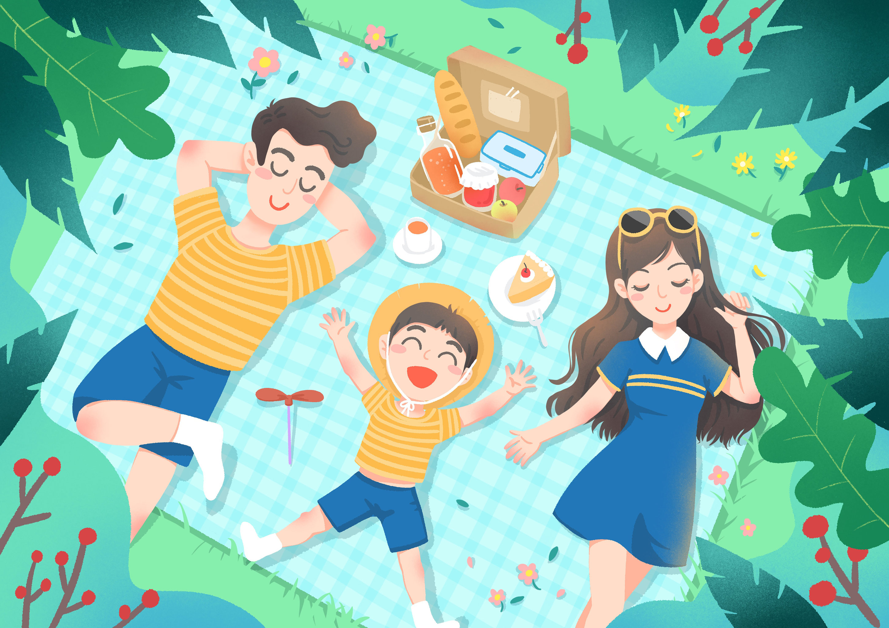 绿色扁平夏天一家三口公园野餐插画