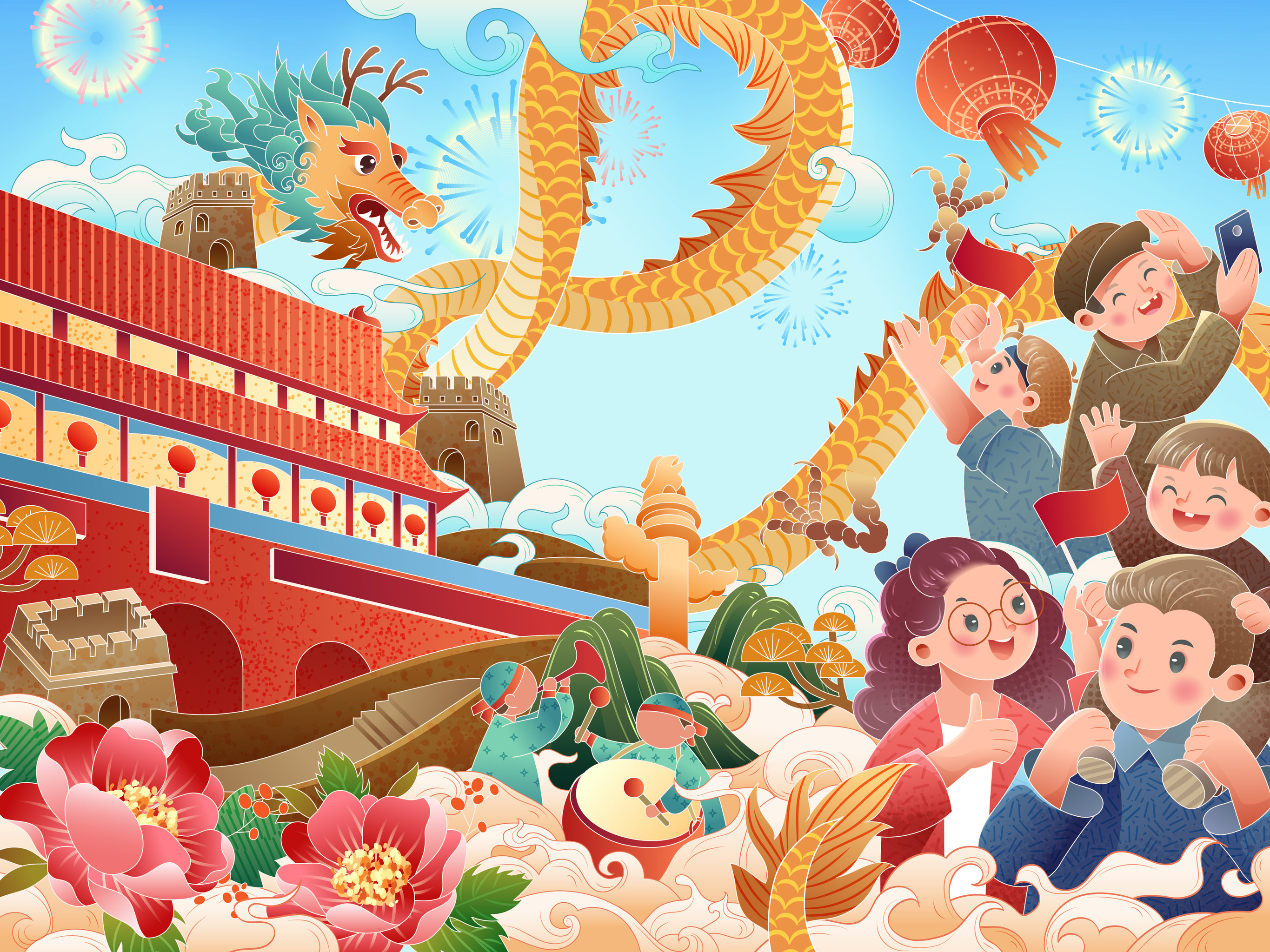 国庆多人国潮矢量插画 - 180****2778 - 原创作品 - 视觉中国(shijue