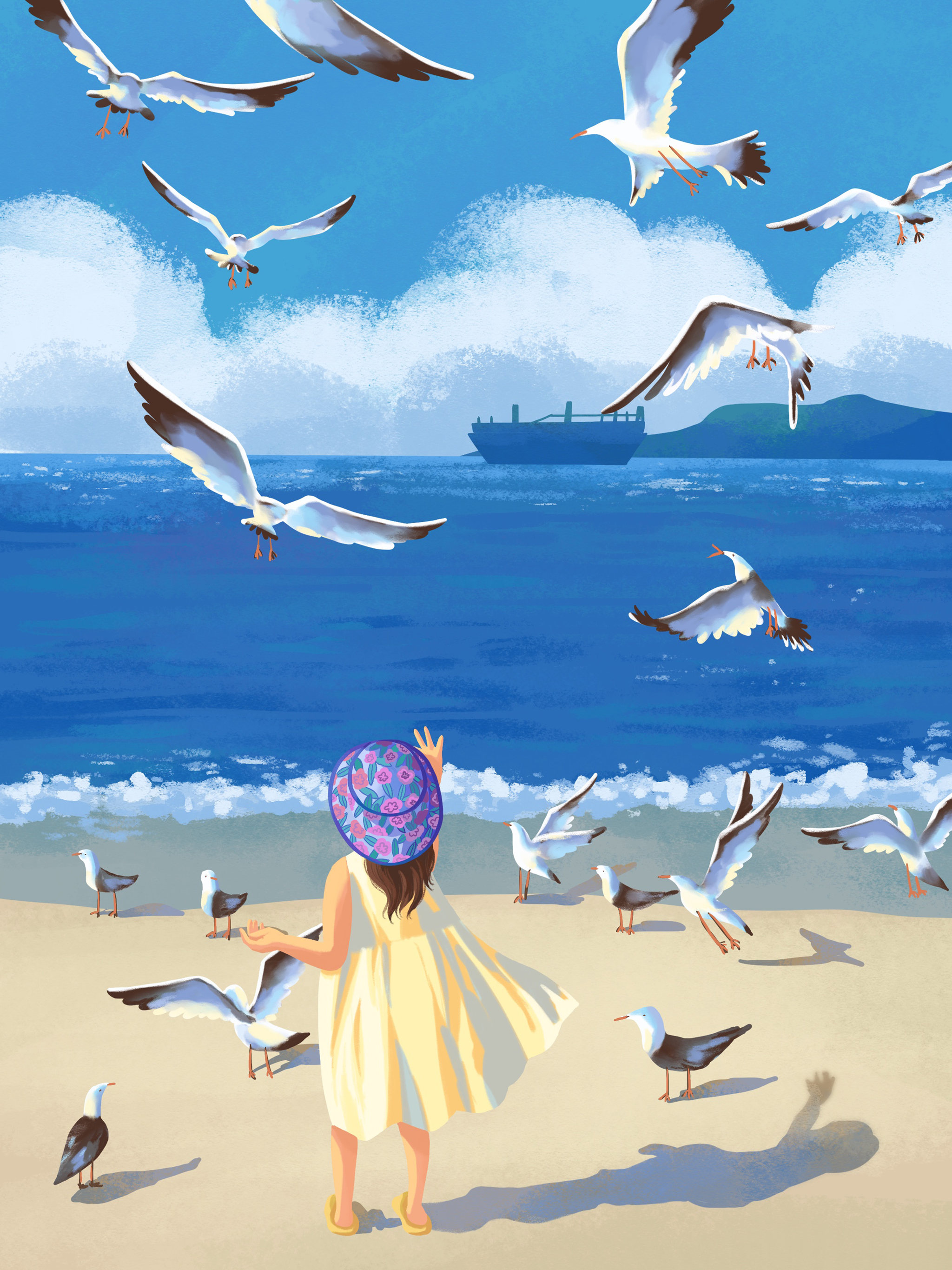 喂海鸥的小女孩 - 小飞扬 - 原创作品 - 视觉中国(爱视觉)