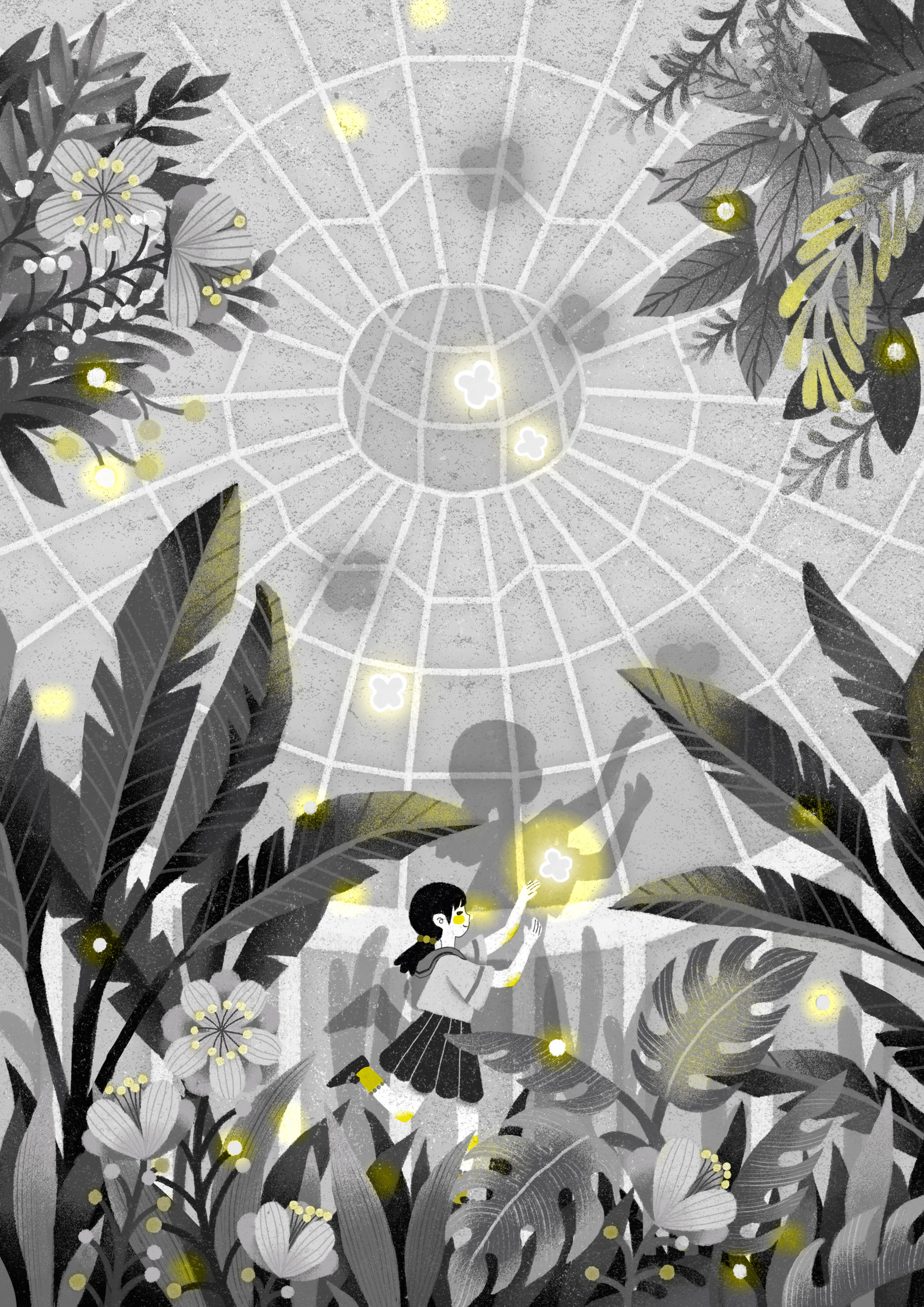 单色植物场景插画