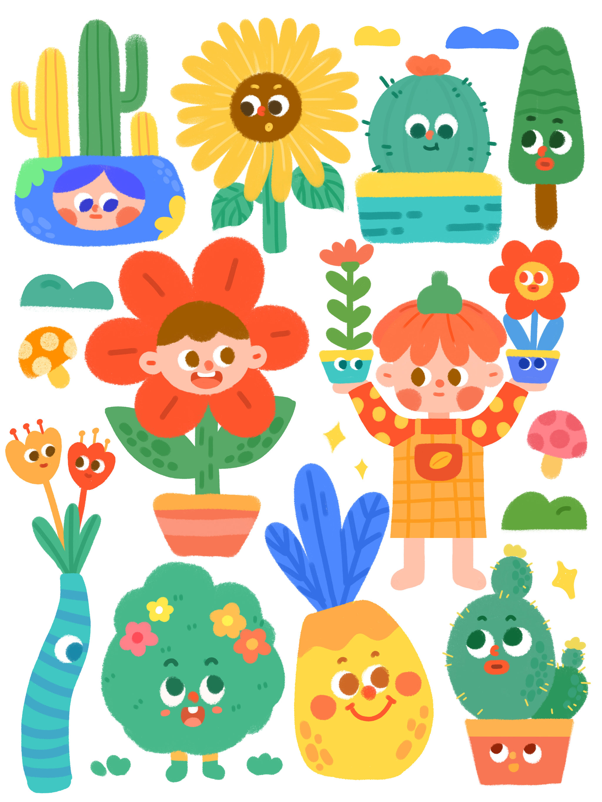 植物花卉卡通可爱拟人扁平元素