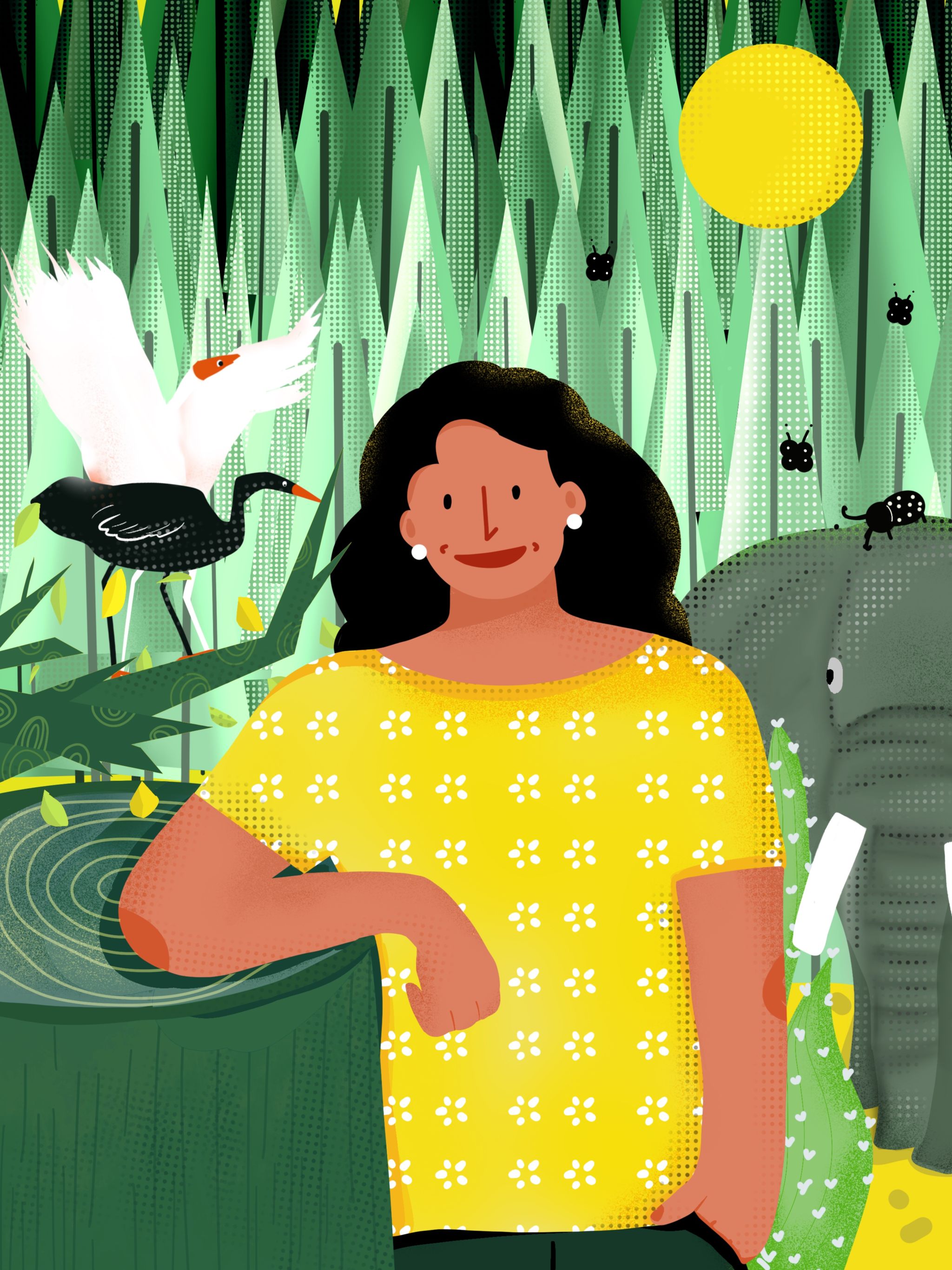 一个女人在大自然中与大象,鸟等动物和谐相处