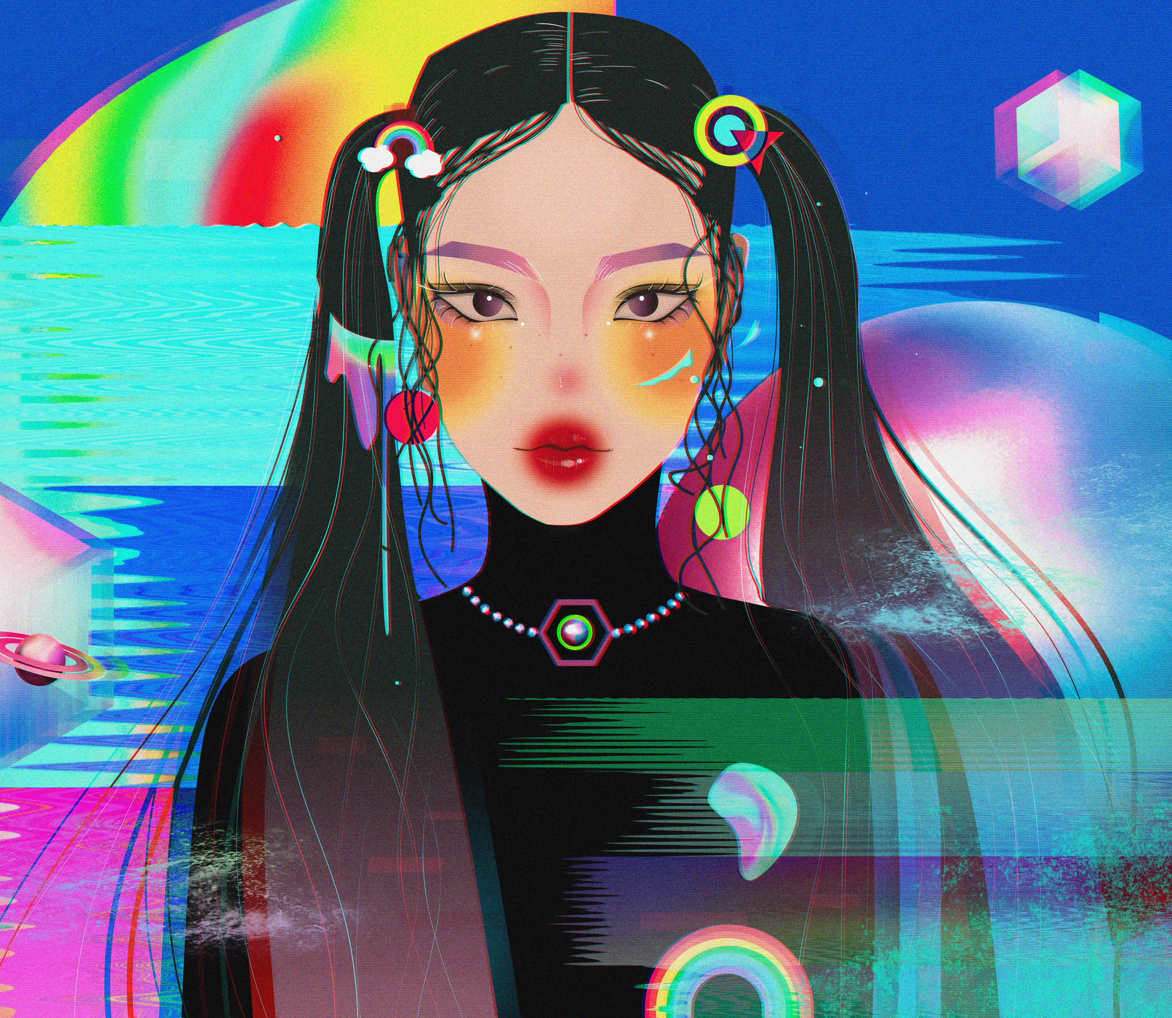 潮酷女孩双马尾时尚元素黑暗未来星空故障艺术插画