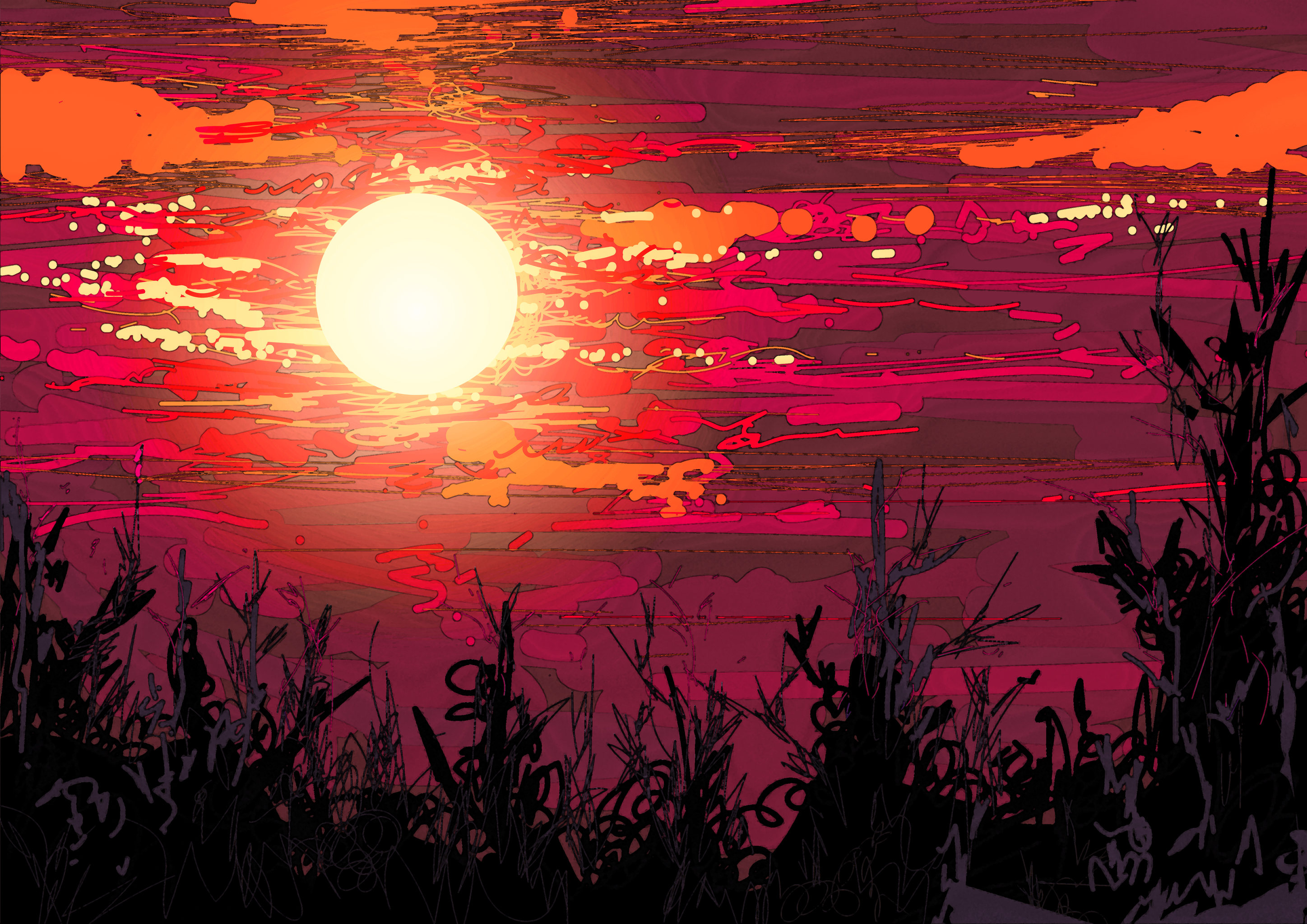 色彩梦幻涂鸦蓝色夜晚落日晚霞天空云朵树林月亮太阳儿童涂鸦插画