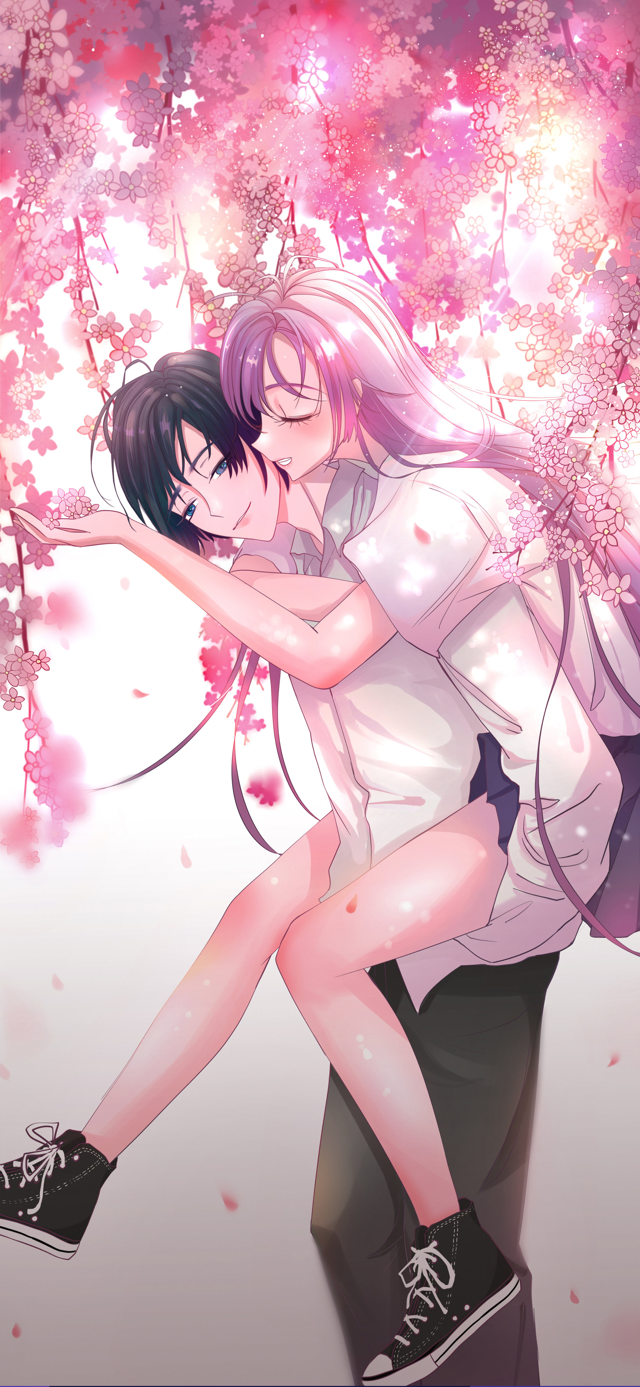 粉色浪漫情人节七夕情侣花下背人温馨插画 - and纤