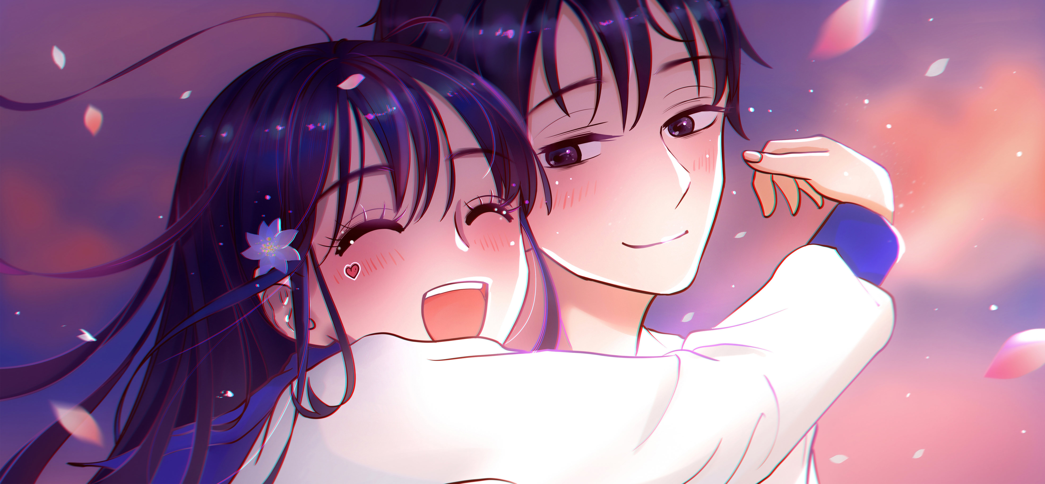 唯美情侣二次元少女动漫两个人夕阳晚霞拥抱开心快乐插画