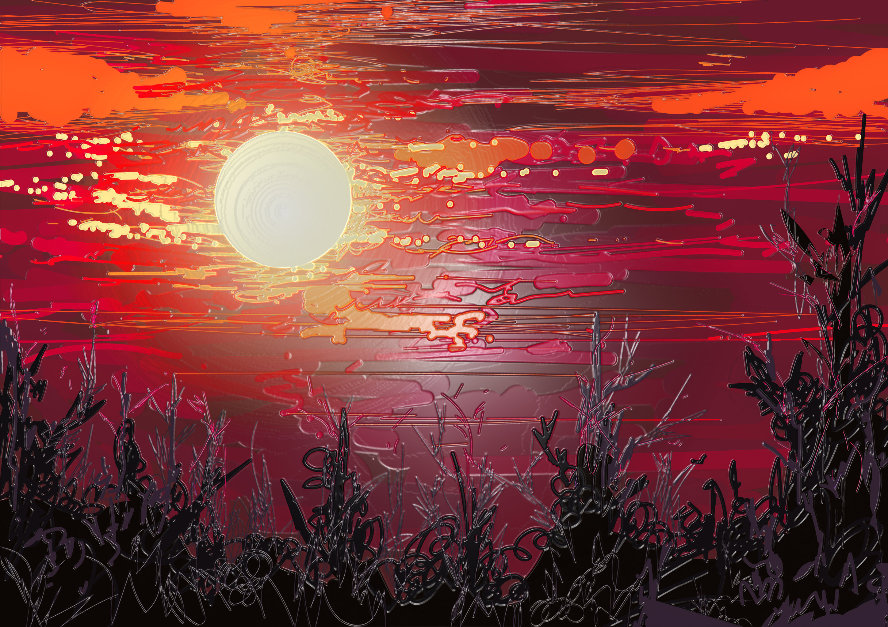 色彩梦幻涂鸦蜡笔夜晚落日晚霞天空云朵树林月亮太阳儿童涂鸦插画