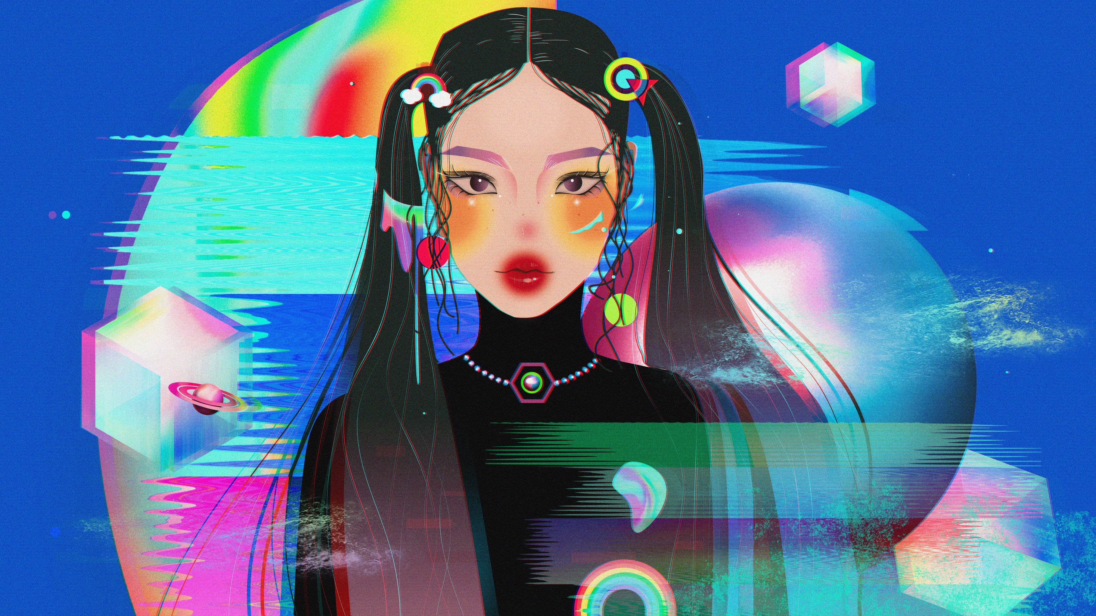 潮酷女孩双马尾时尚元素黑暗未来星空故障艺术插画