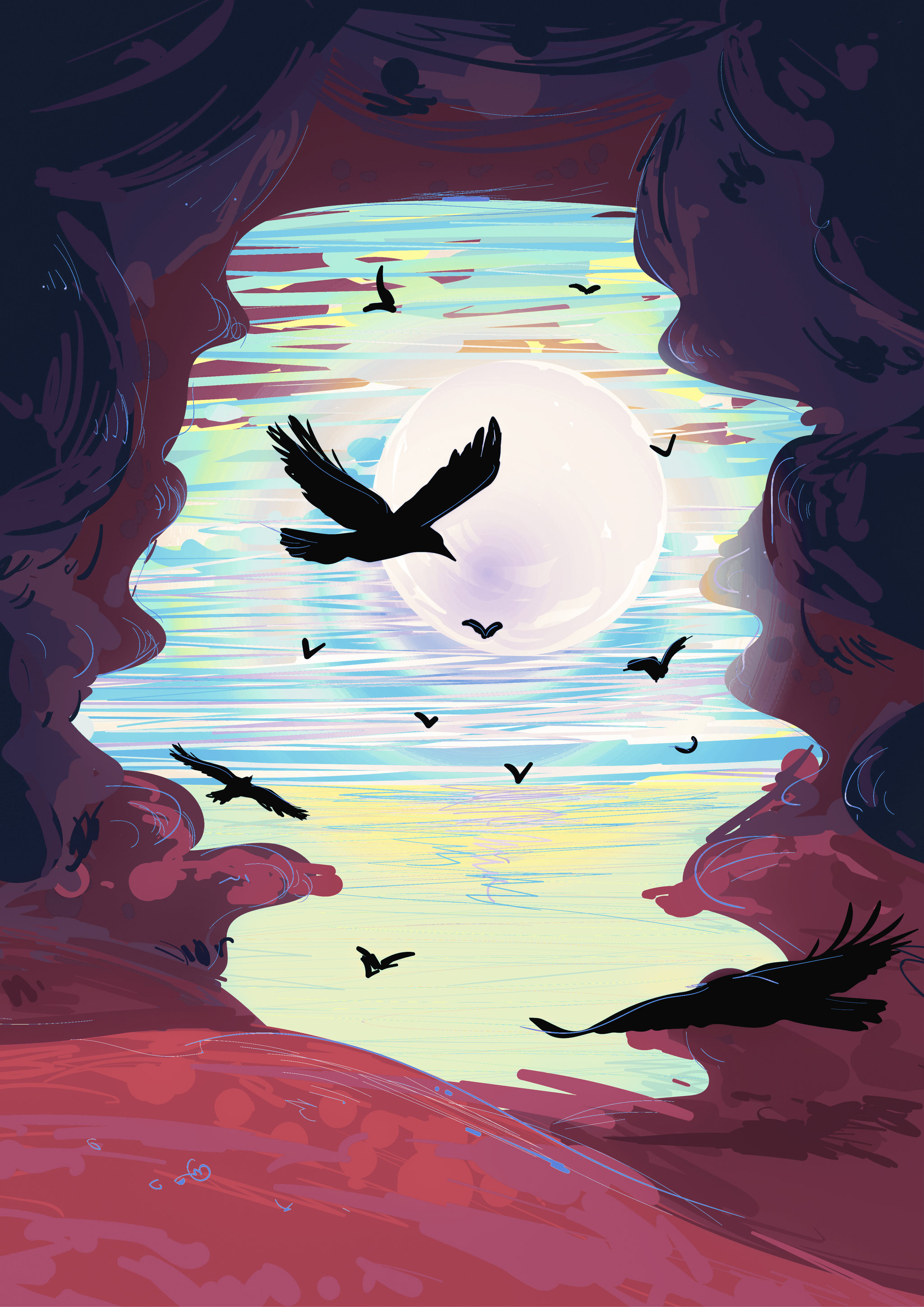 色彩涂鸦梦幻美式插画碰撞复古飞鸟红色海鸟洞穴红色经典正义插画