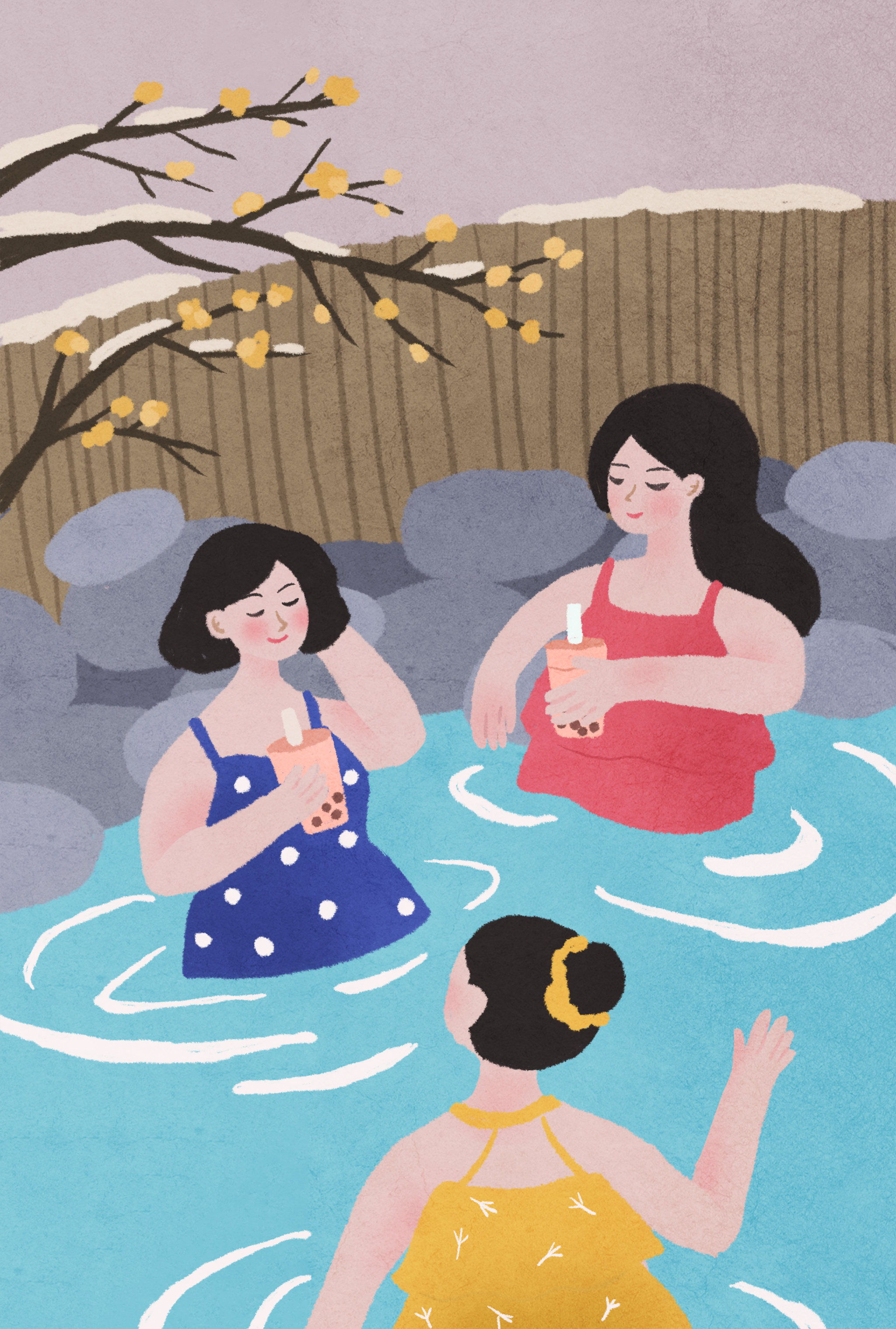 年轻女人在冬天泡温泉喝奶茶的纹理插画
