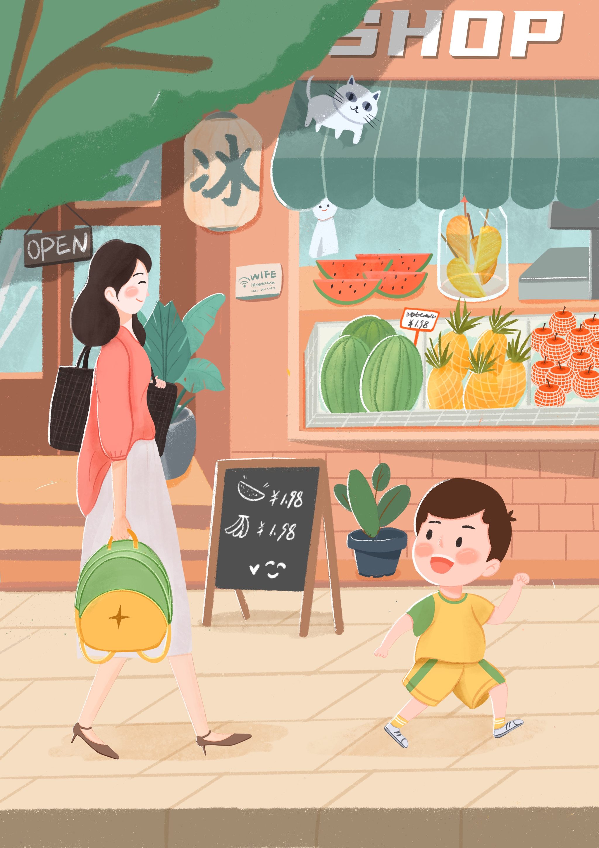 年轻妈妈送小孩上学
