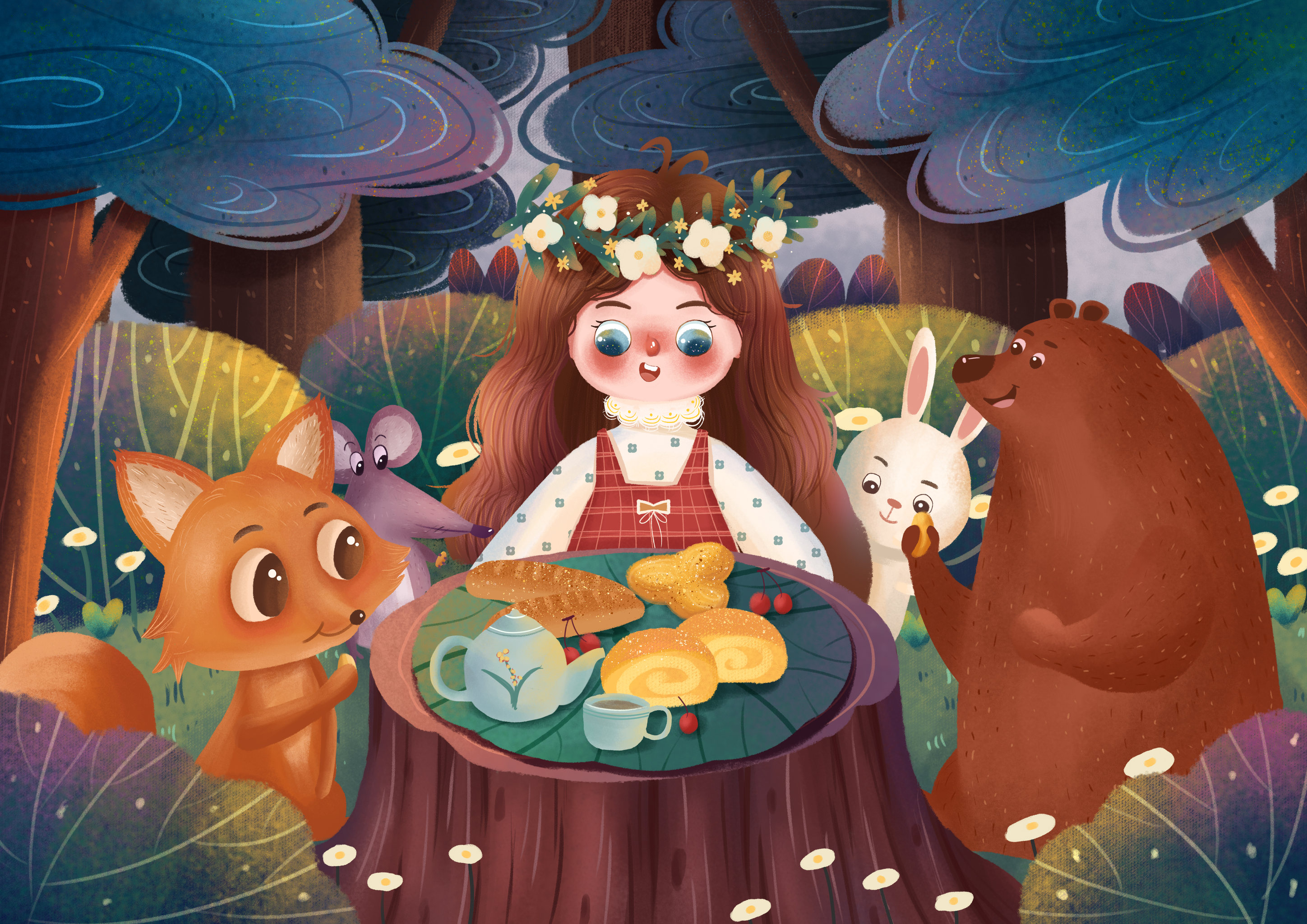 小女孩和森林中的动物精灵一起吃晚餐 - 一只咕咚 - 原创作品 - 视觉