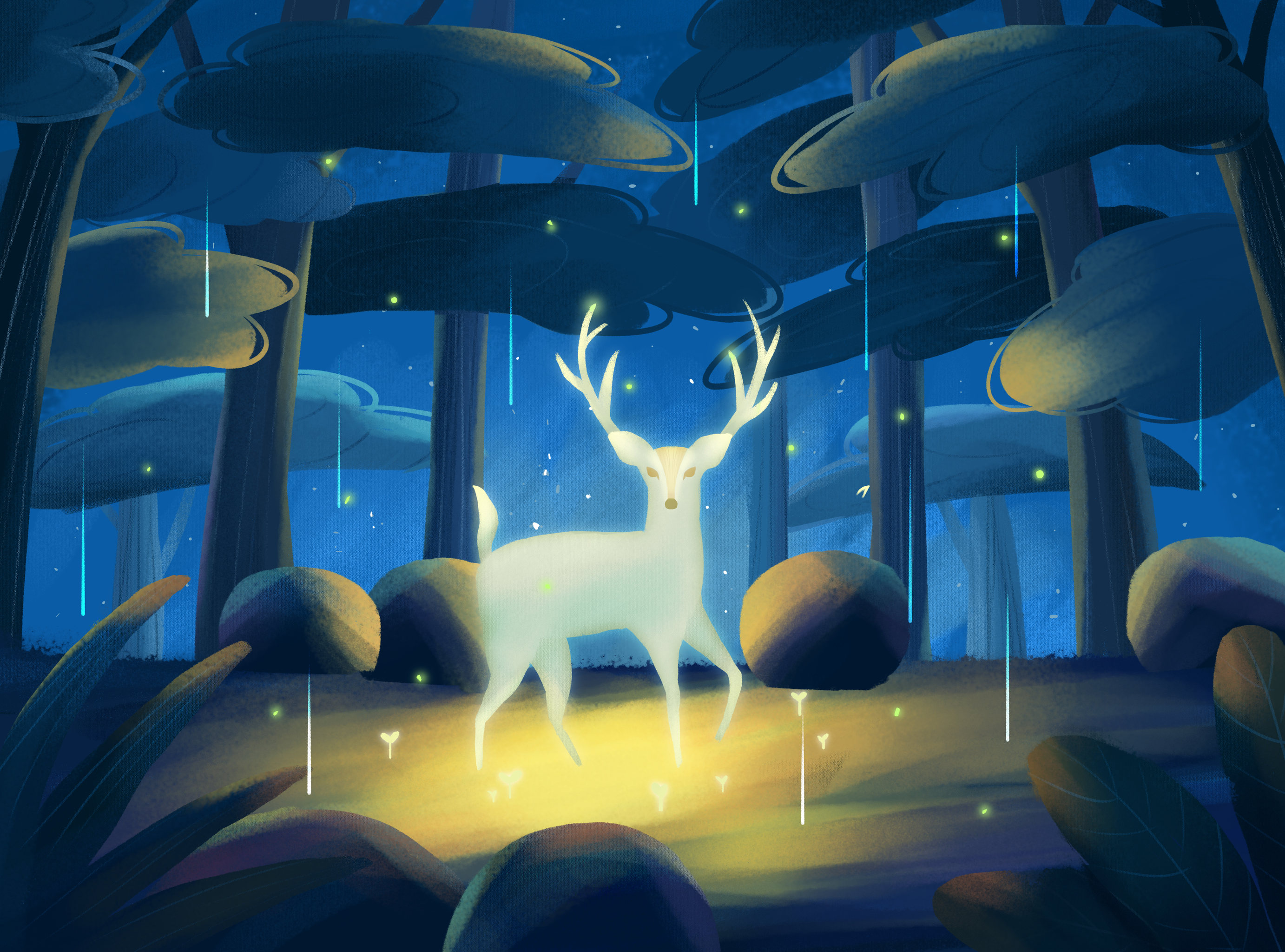 夜晚神秘森林的白色麋鹿儿童插画