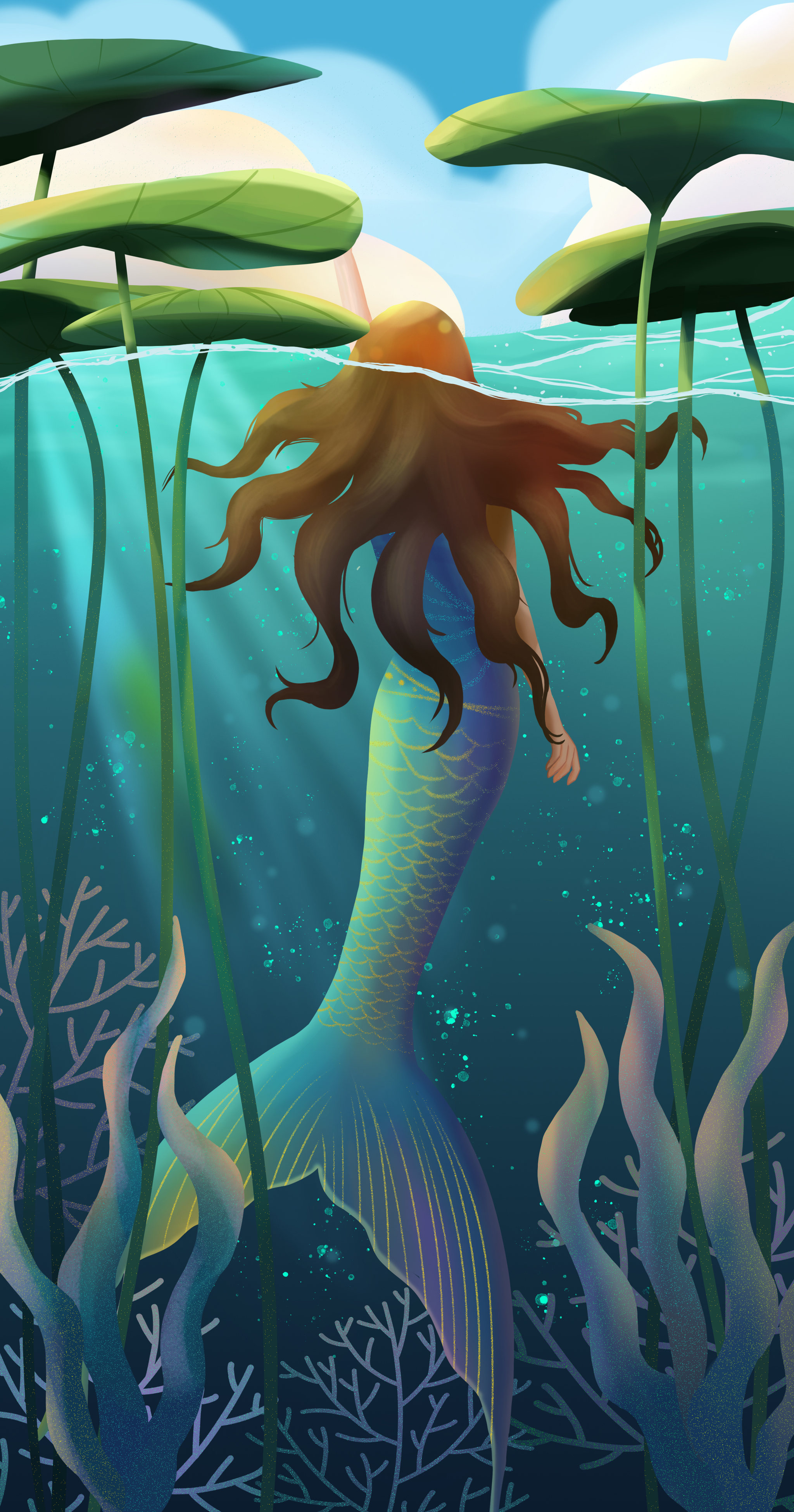 荷塘里的长发美人鱼插画