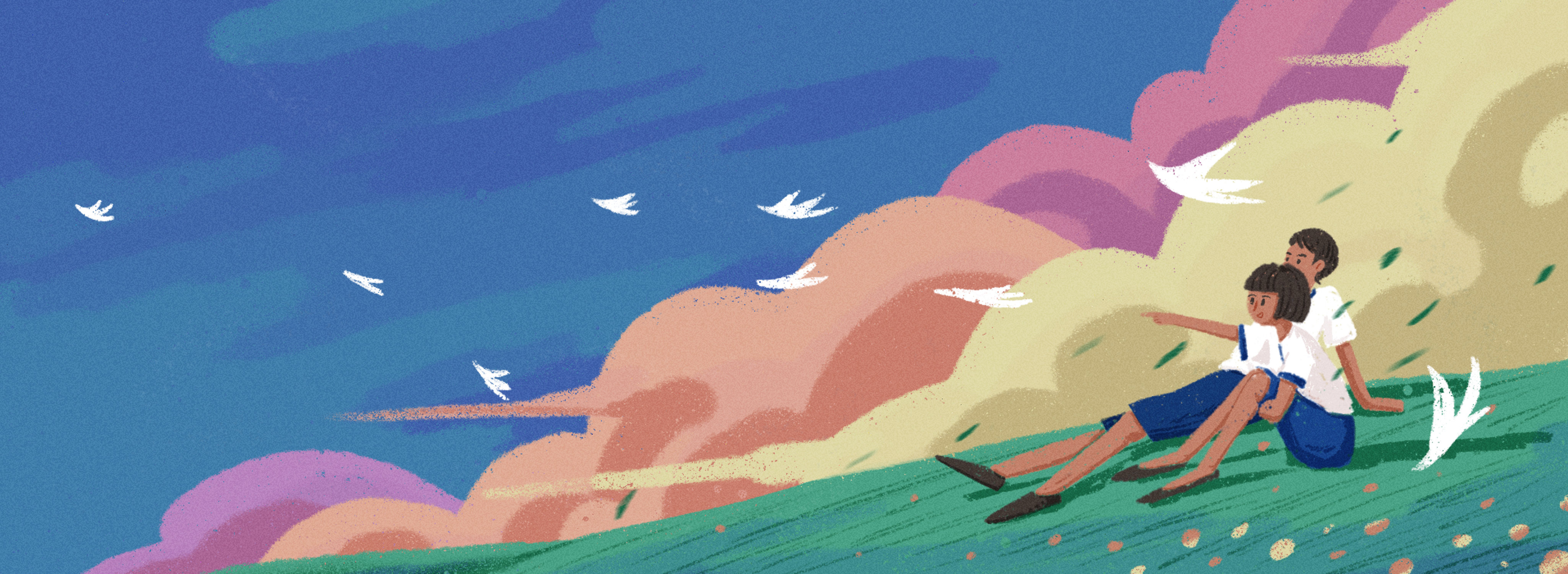 七夕浪漫爱情——情侣坐草地傍晚看星星白鸽飞舞banner插画