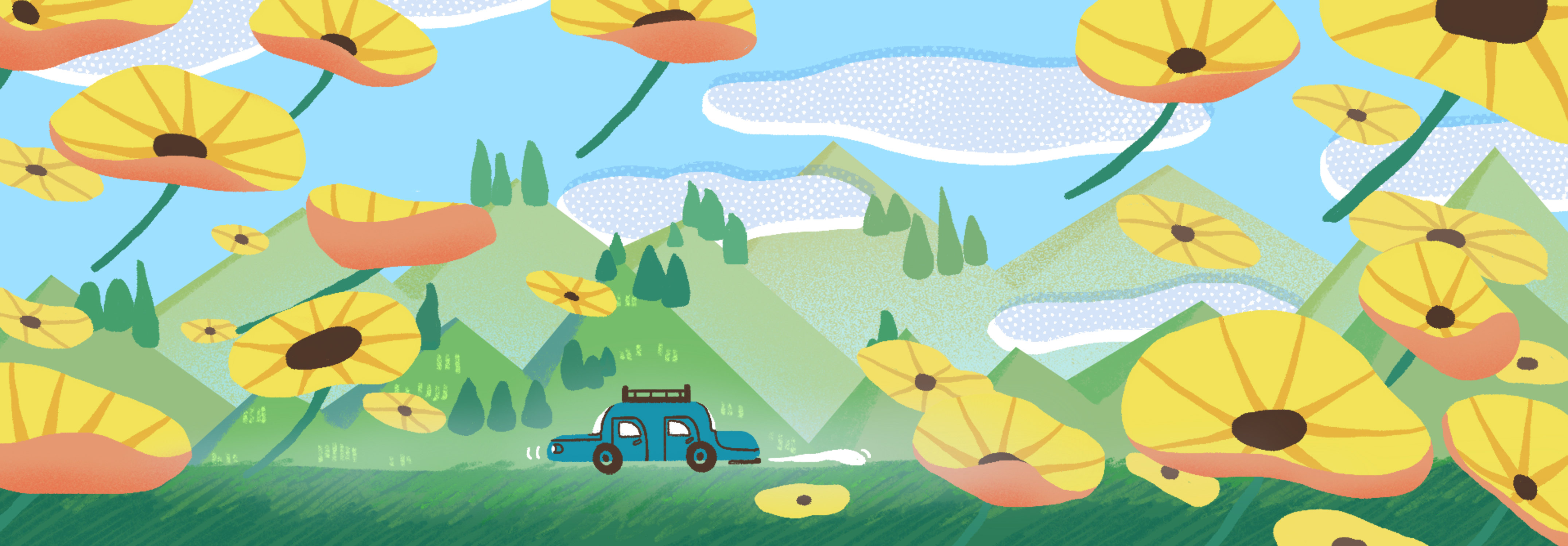 暑假假期旅行出游看见漫天黄花banner插画