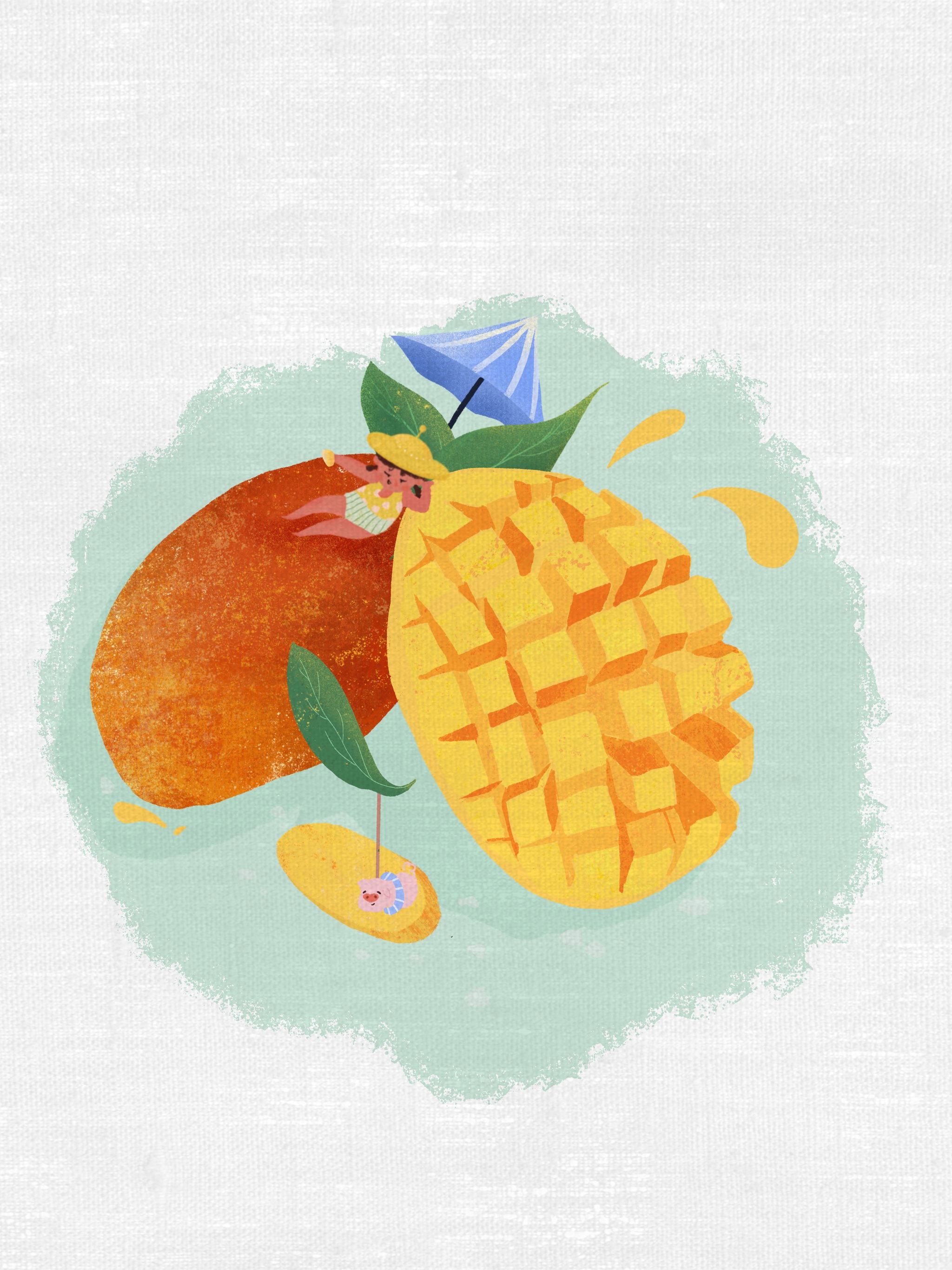创意水果芒果夏天出游清新包装插画