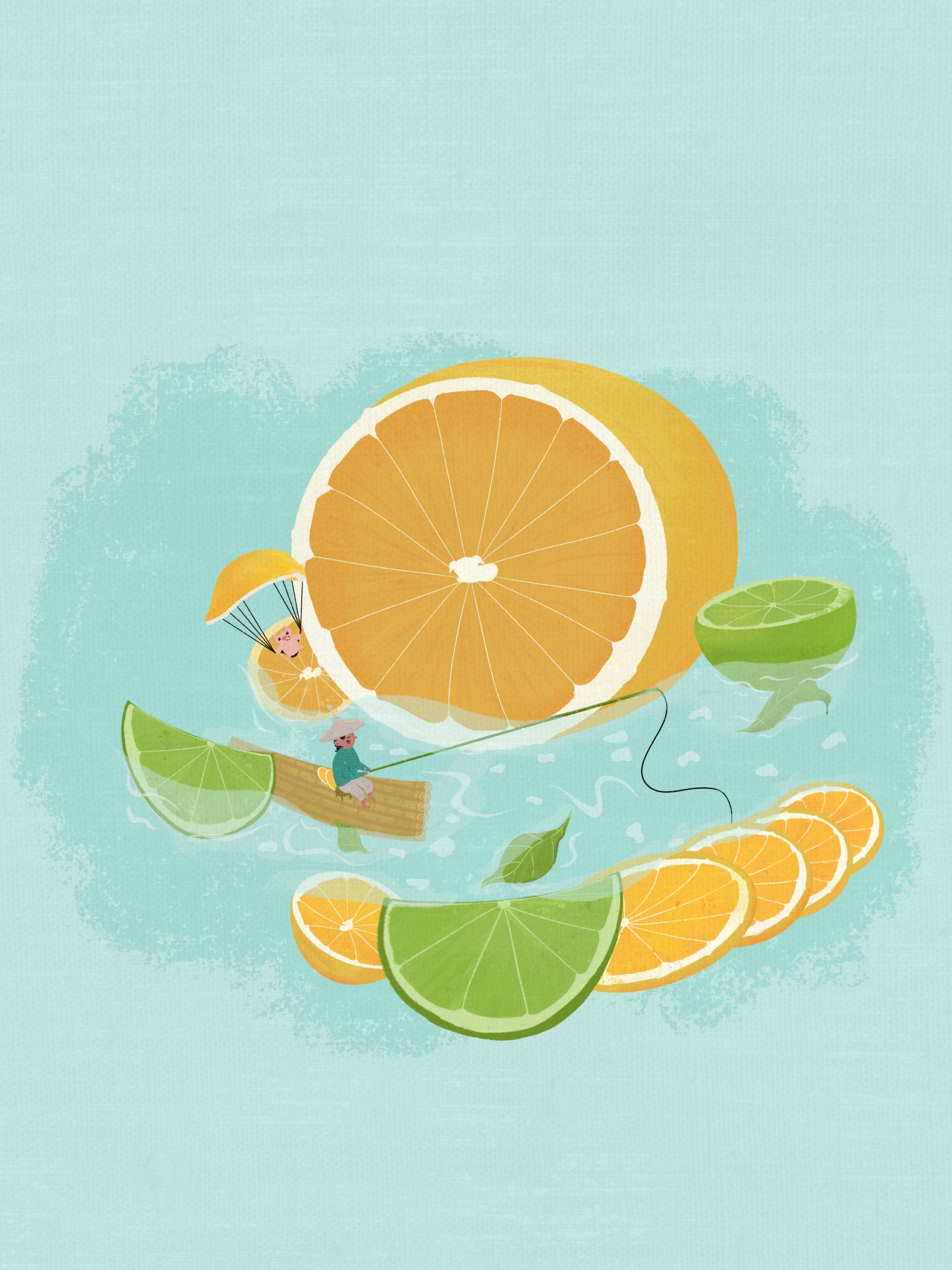 创意水果柠檬女孩夏天美食冷饮插画