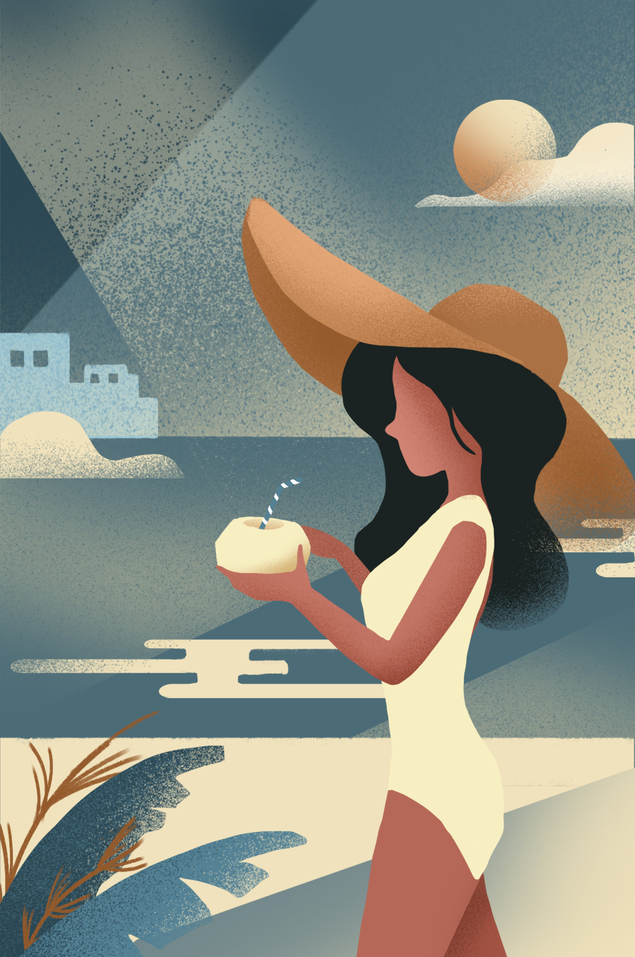 复古夏天海边沙滩插画