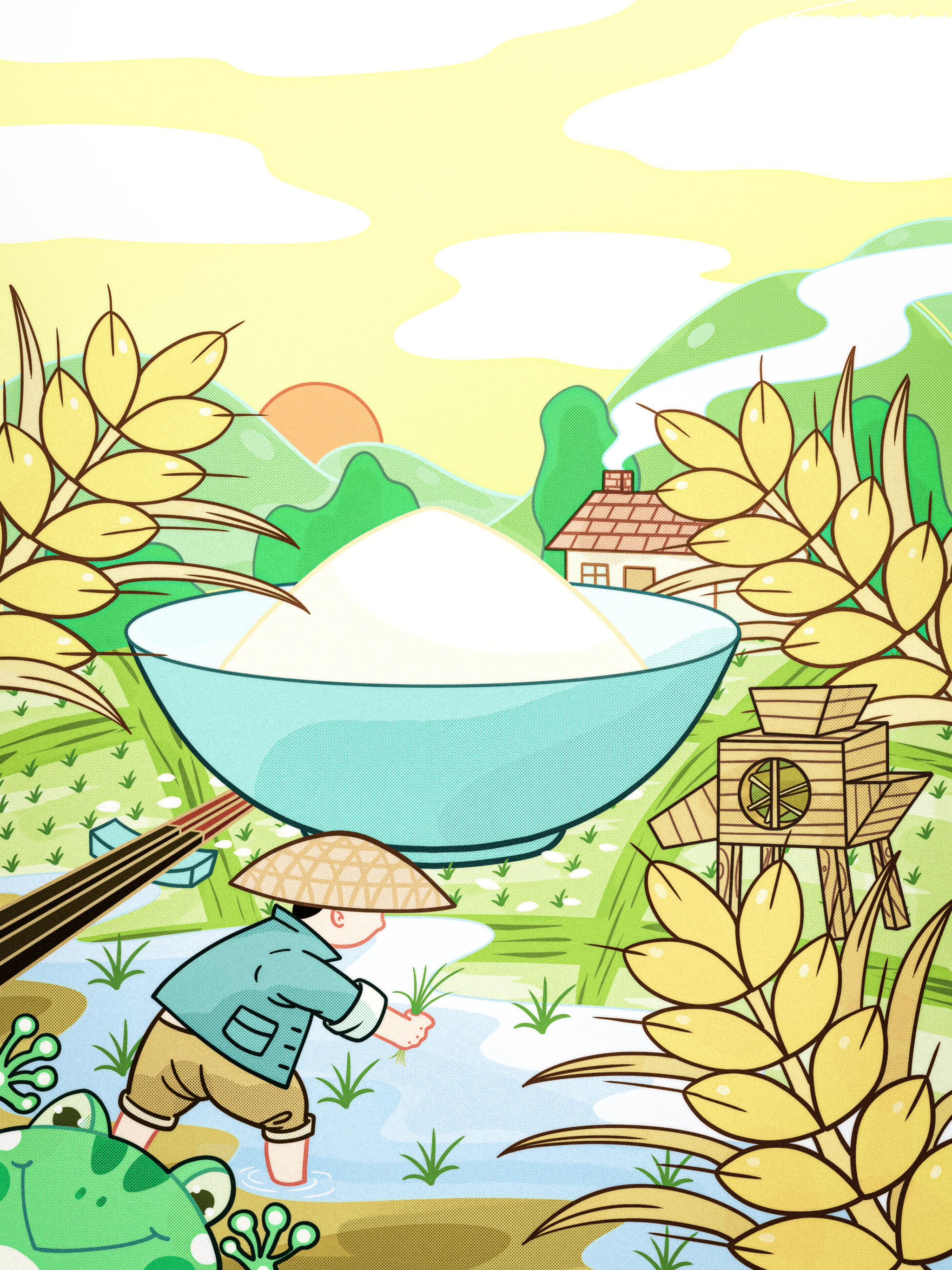 盘中餐农民幸苦劳作种植卡通儿童插画