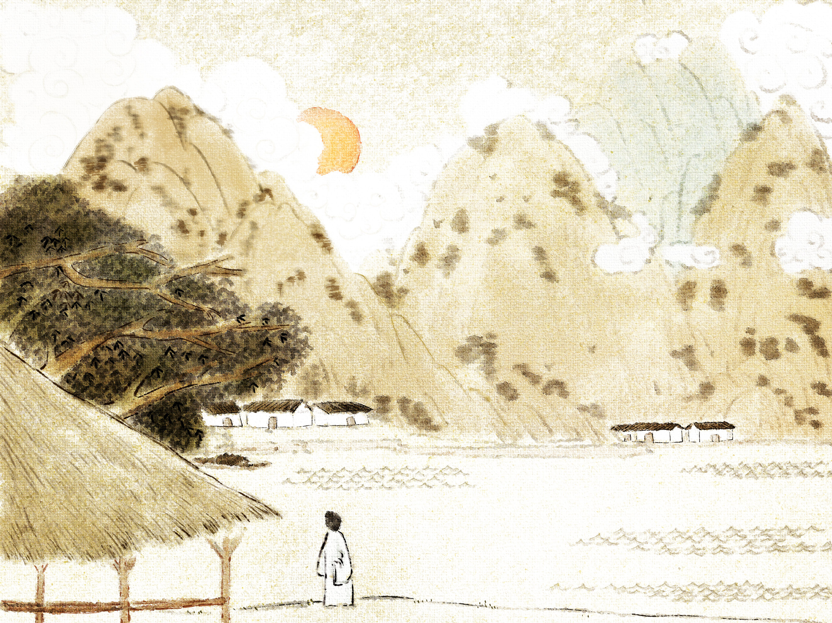 古画山水人物风景插画