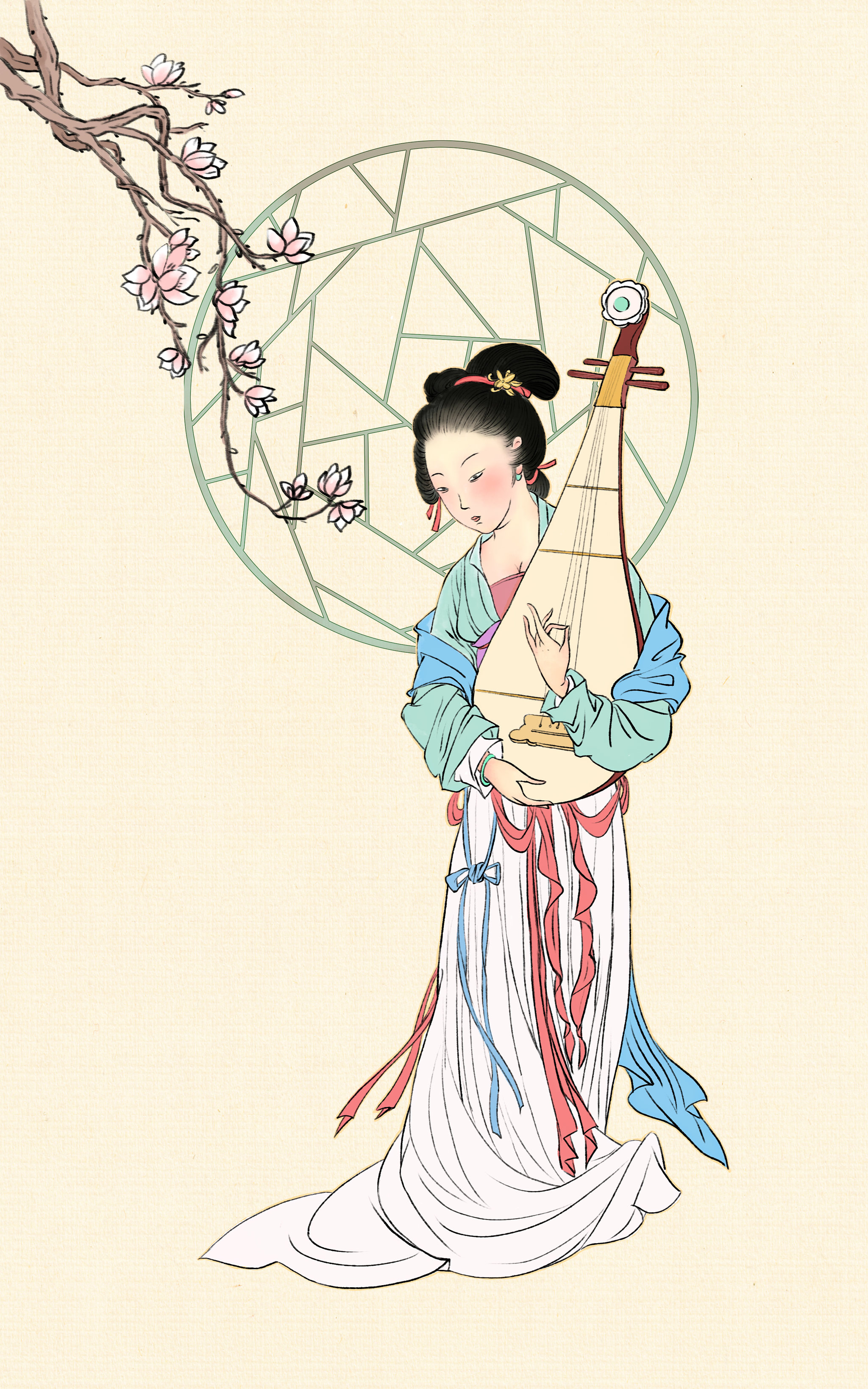 古代仕女怀抱琵琶观花图