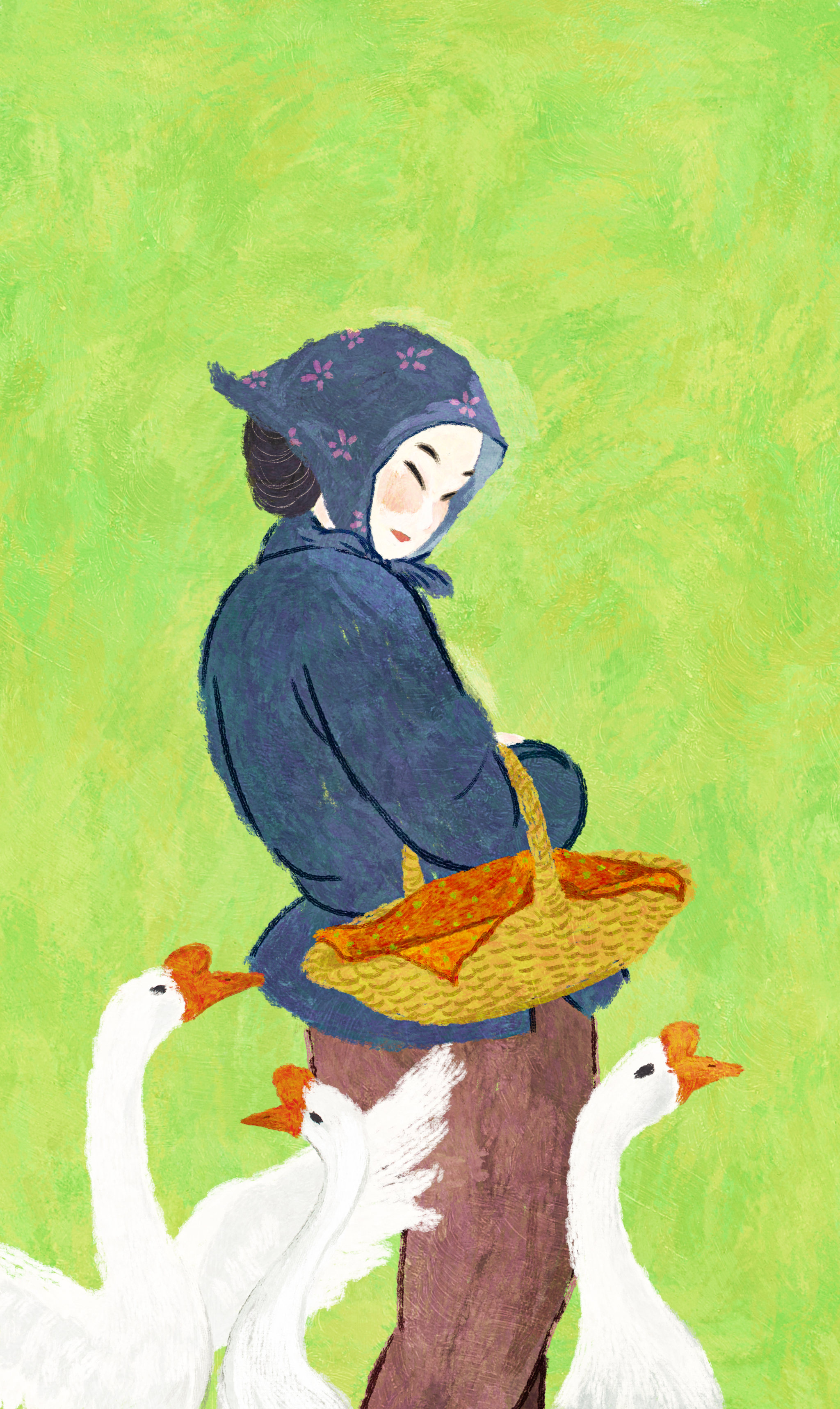 春天里挎篮子的村姑与大白鹅