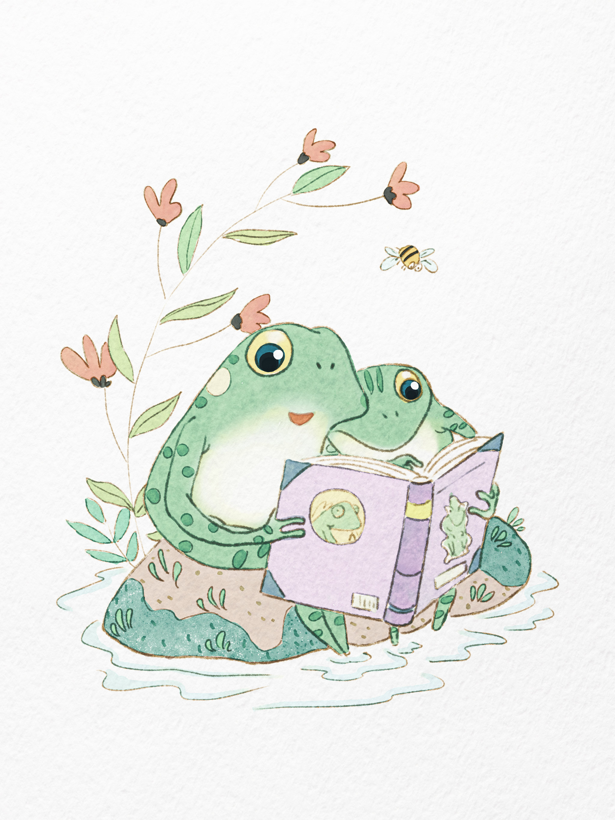 池塘边读书的青蛙儿童插画 - 空山满 - 原创作品 - 视觉中国(爱视觉)