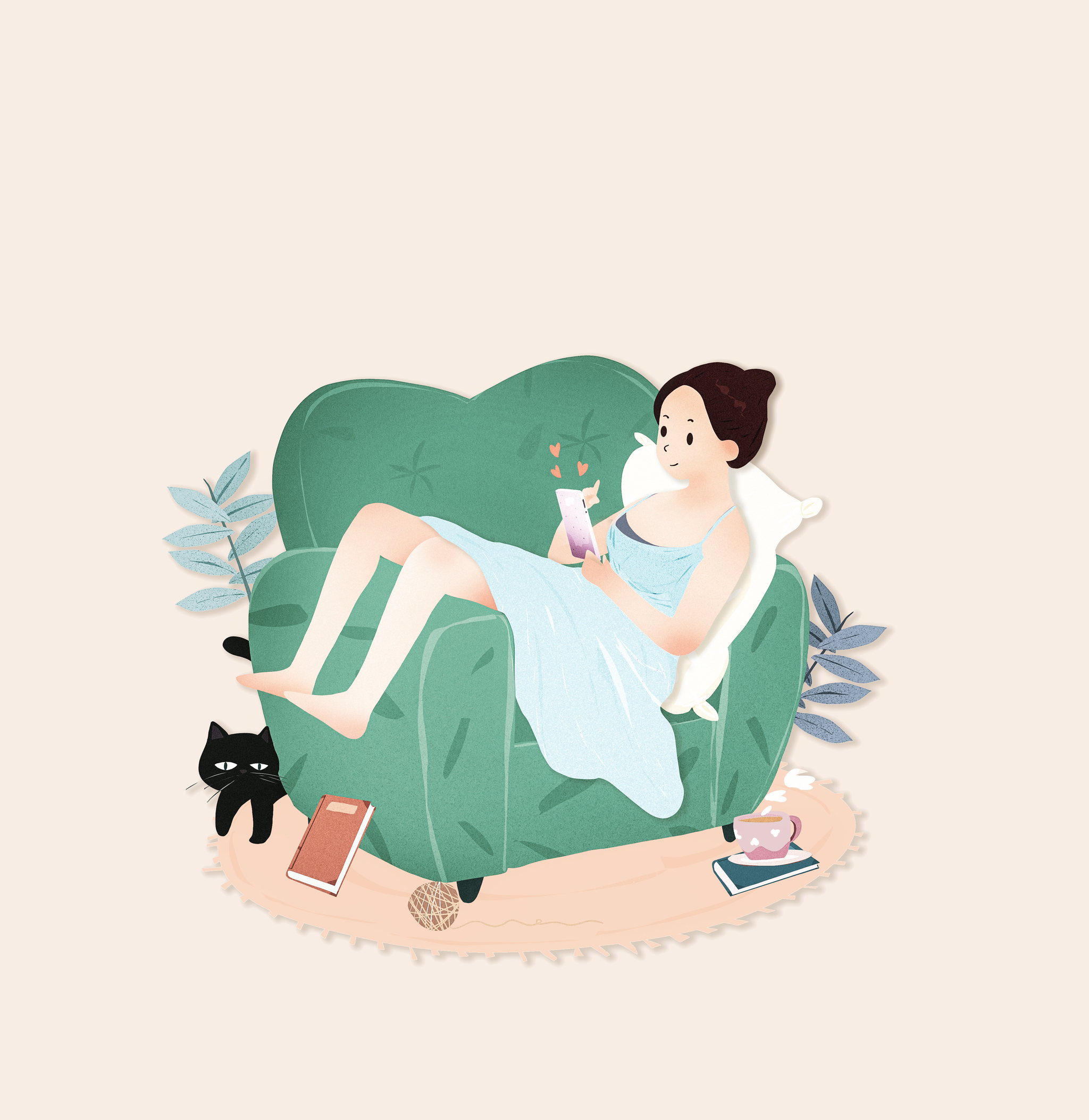 躺在沙发玩手机的女孩