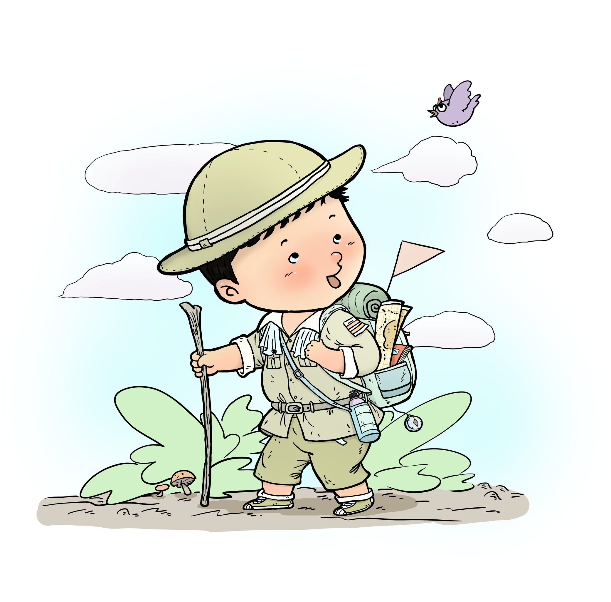 爱探险的小朋友暑假夏天去森林登山感受大自然插画