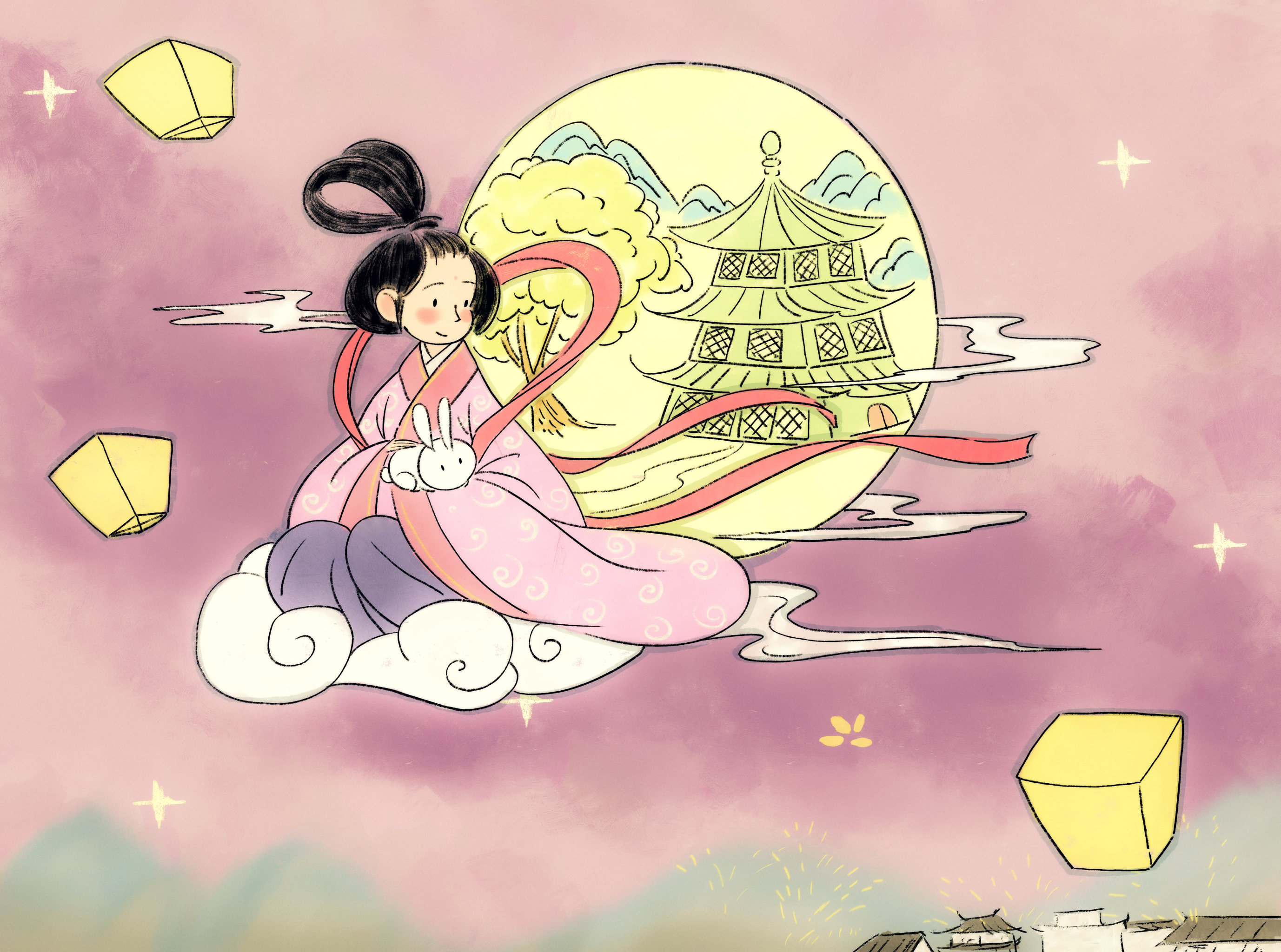 嫦娥奔月传统中秋节儿童插画