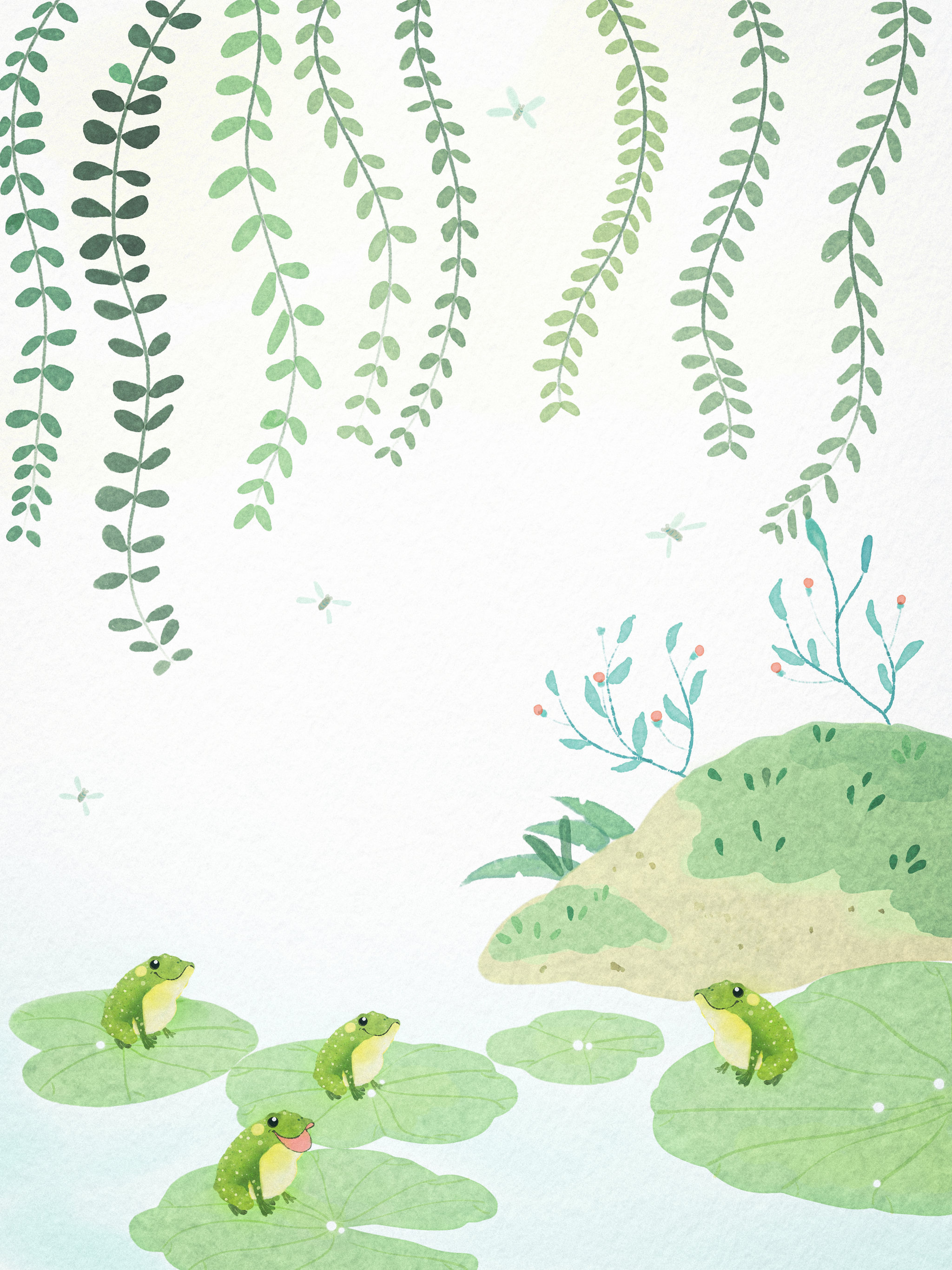 池塘里青蛙唱歌治愈系插画
