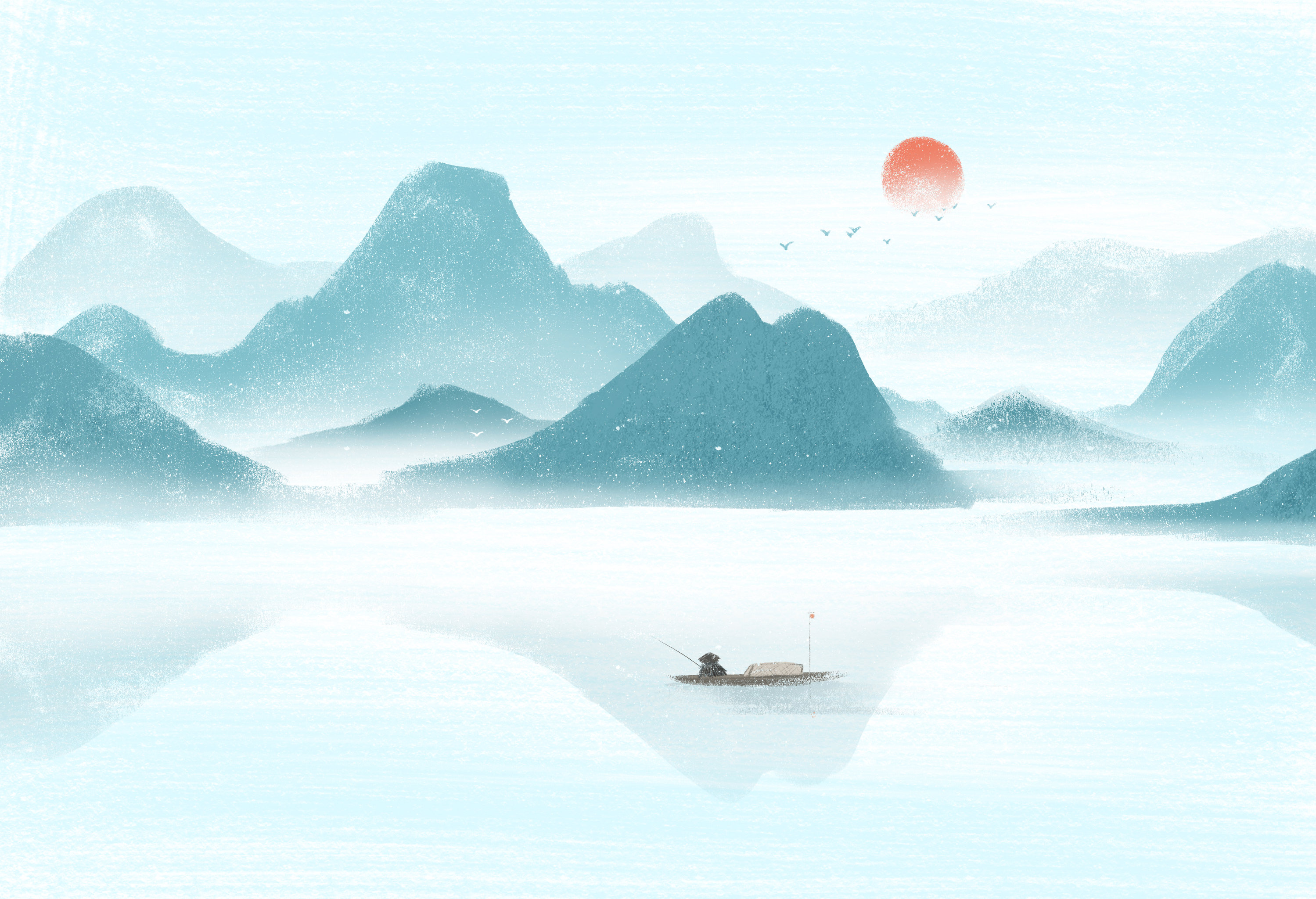 江上渔者风景插画