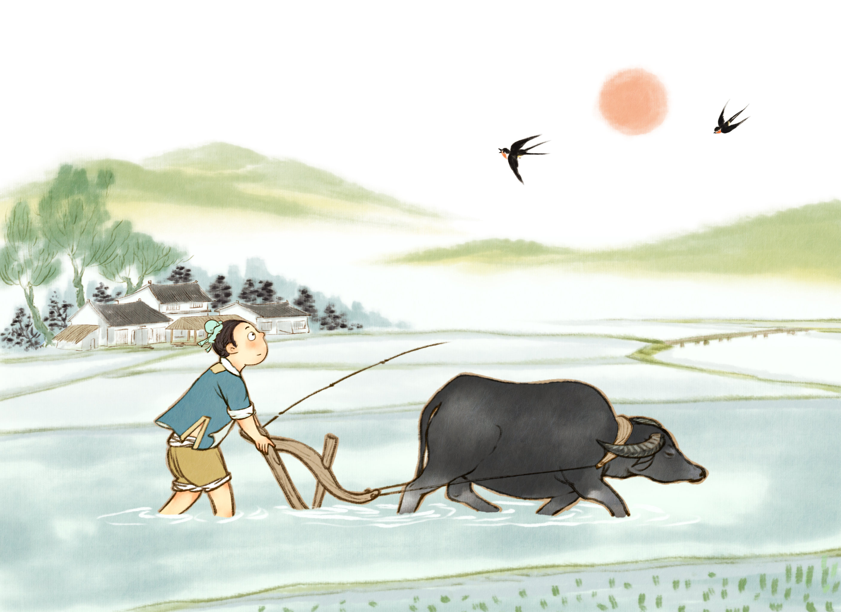 古代安居乐业农民耕地田园风光儿童绘本插画