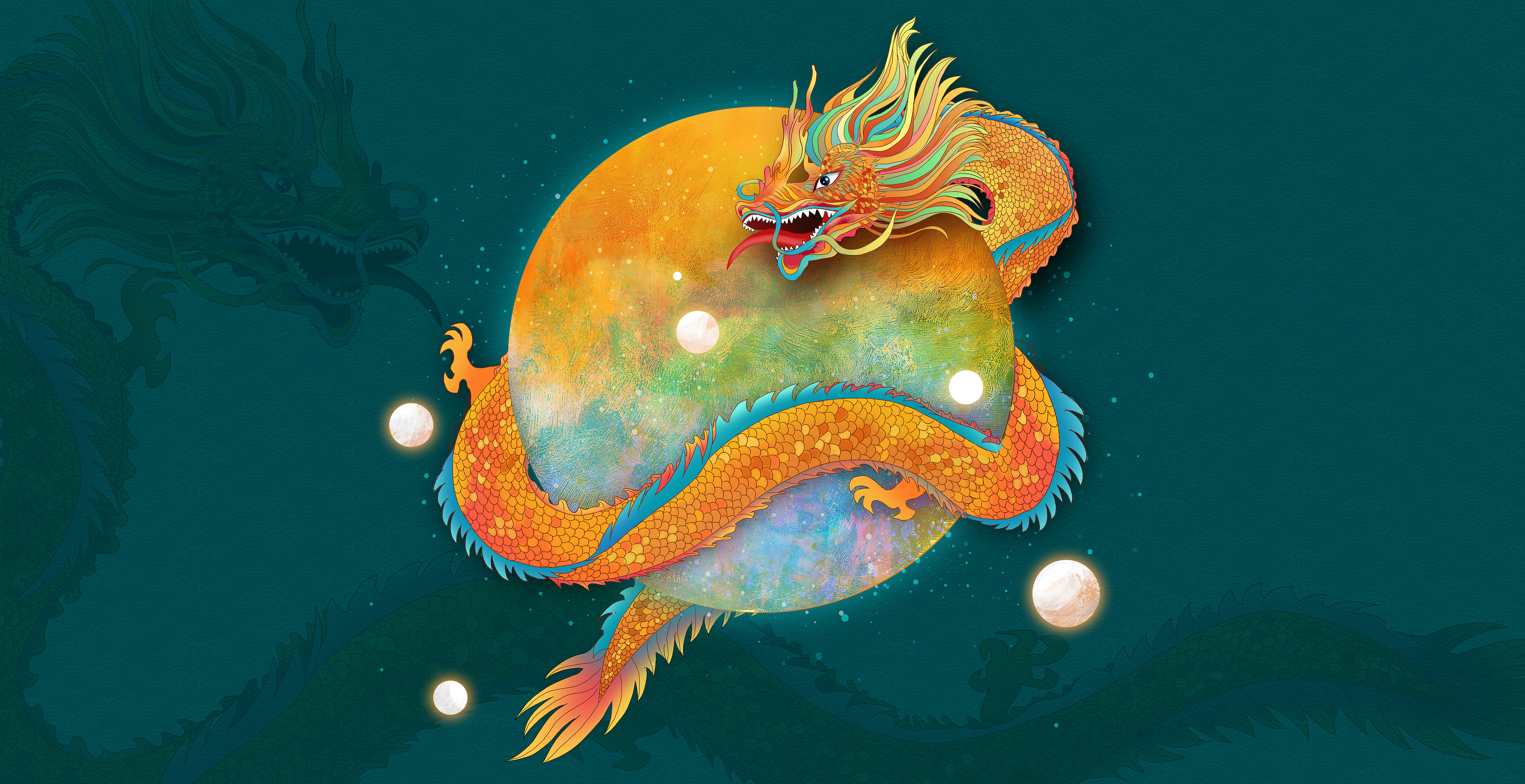 蛟龙绕月 国潮风插画
