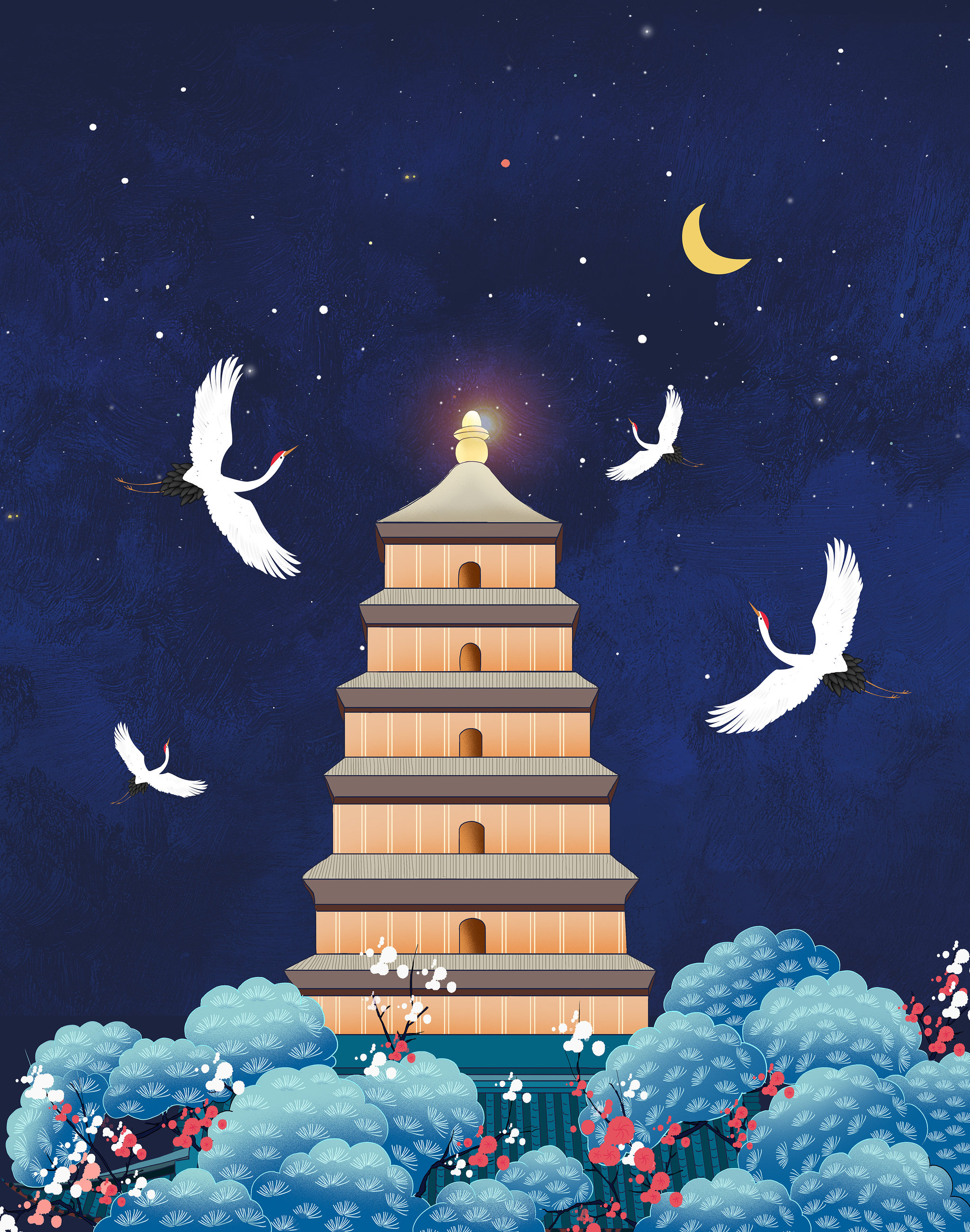 西安地标景点大雁塔夜景插画 - 懒兰 - 原创作品 - 视觉中国(shijueme