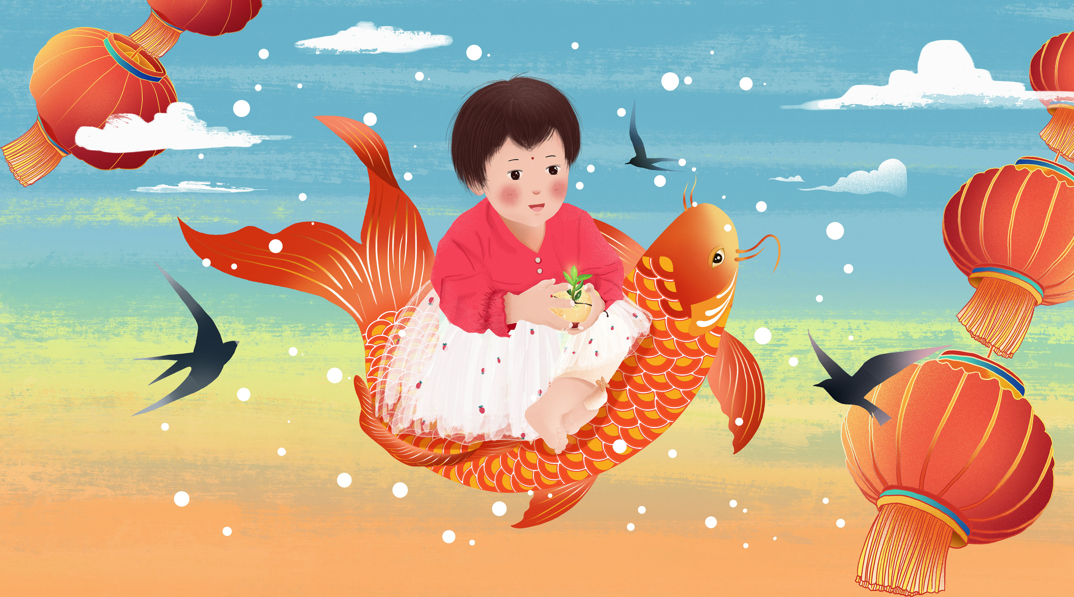 春节年画娃娃插画 鲤鱼上的小女孩