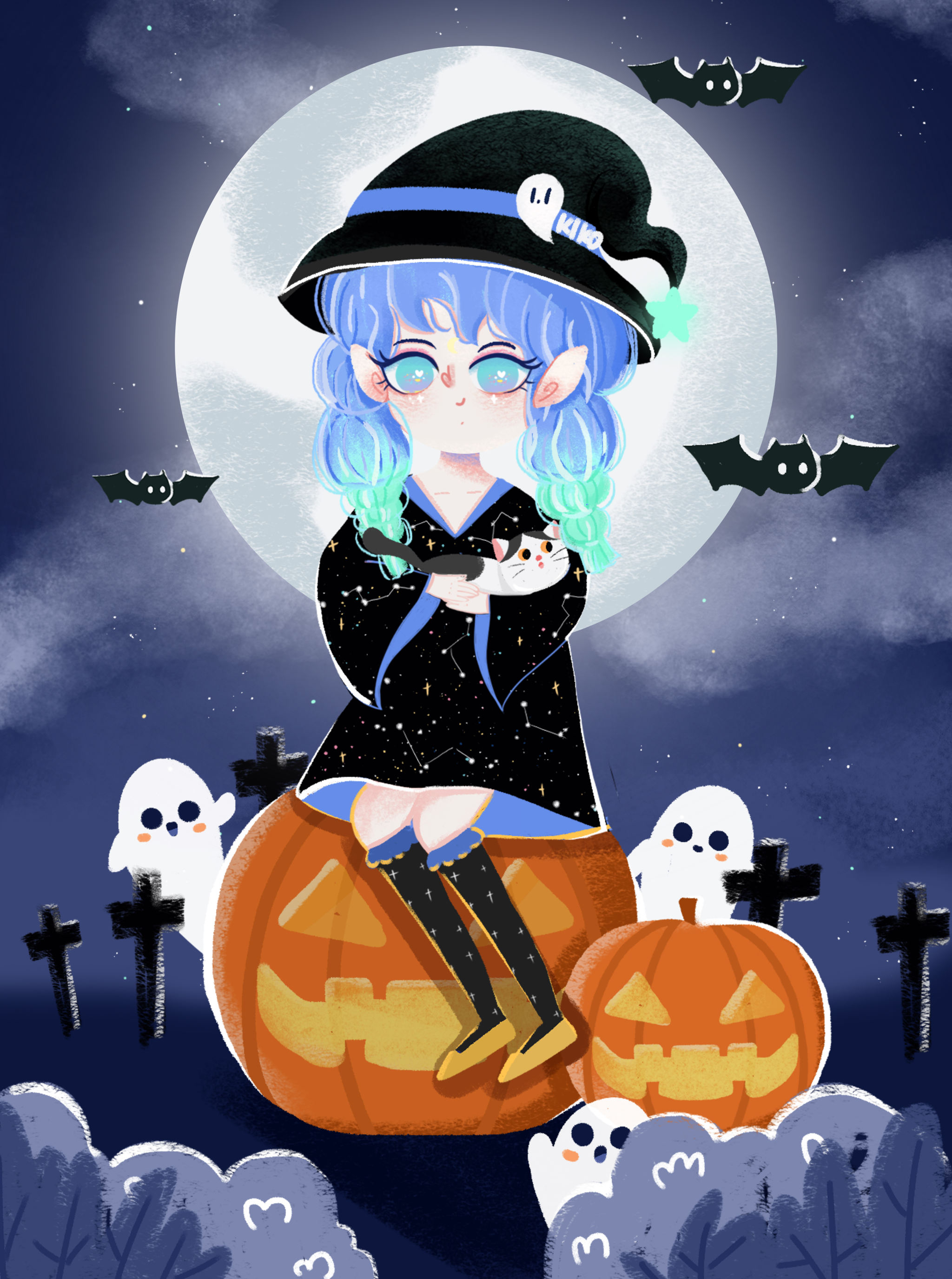 万圣节可爱女巫抱着猫咪坐在南瓜上