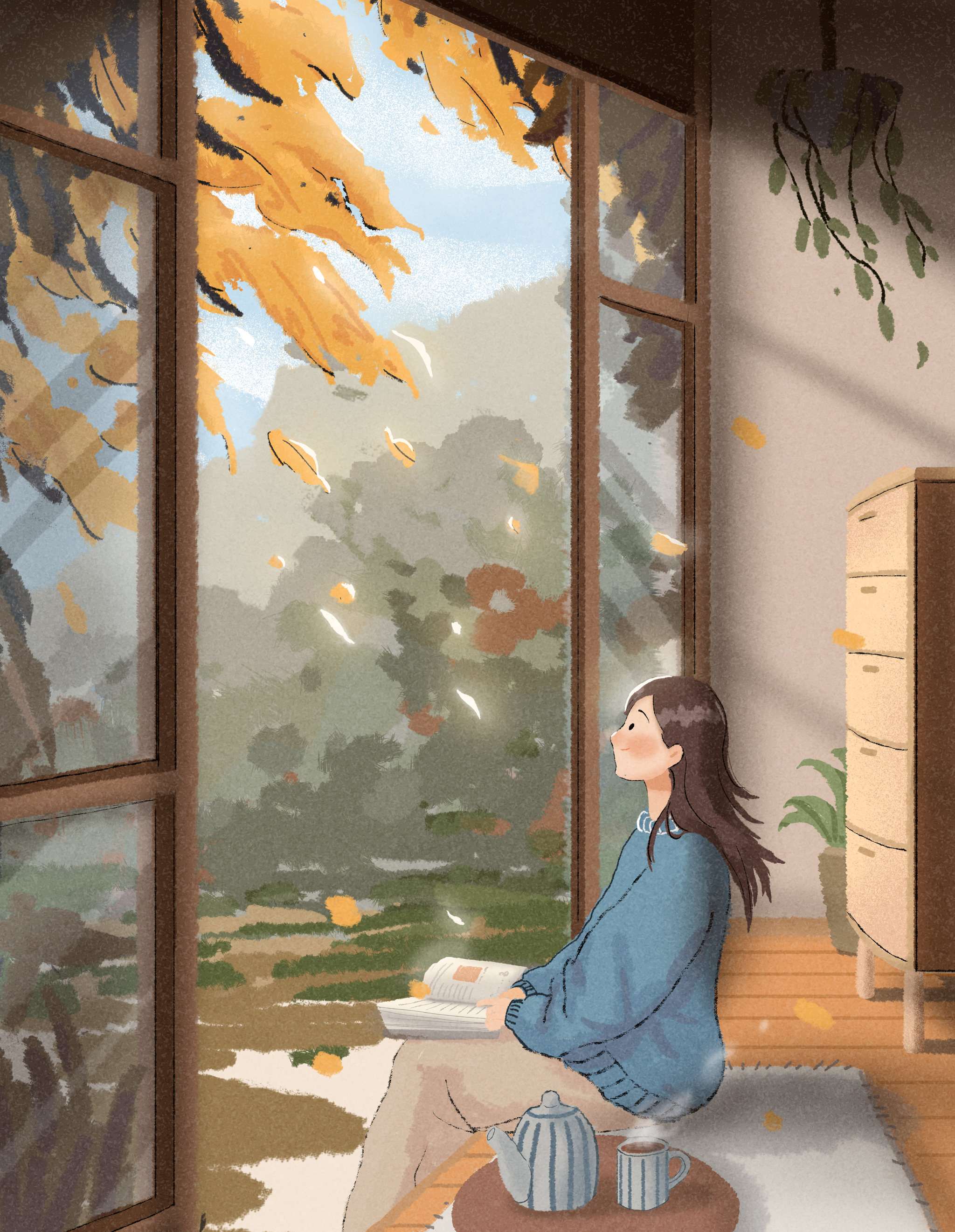 秋天一个人在庭院看书