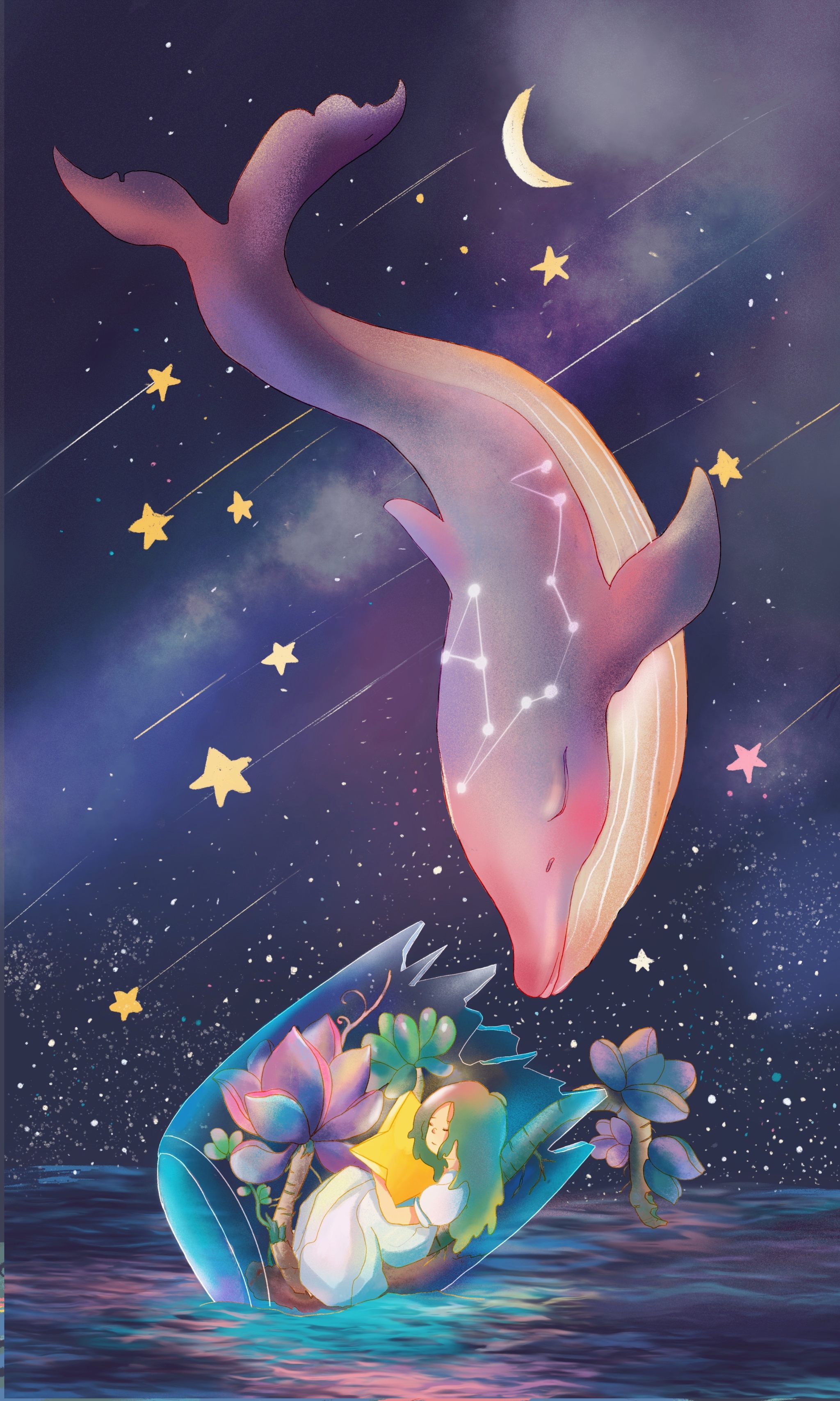 抱着星星的女孩和鲸鱼