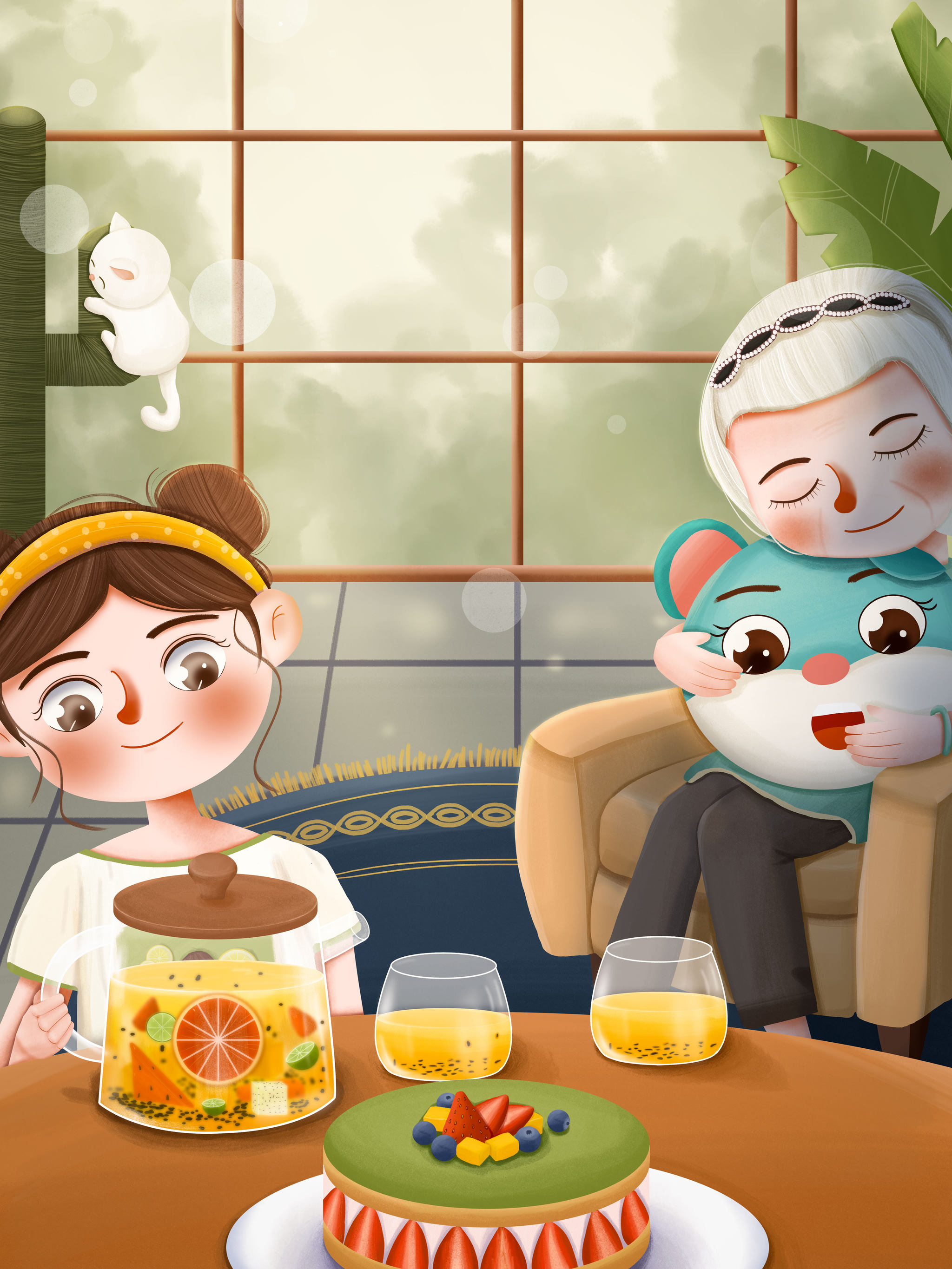 室内犯困吃甜品插画