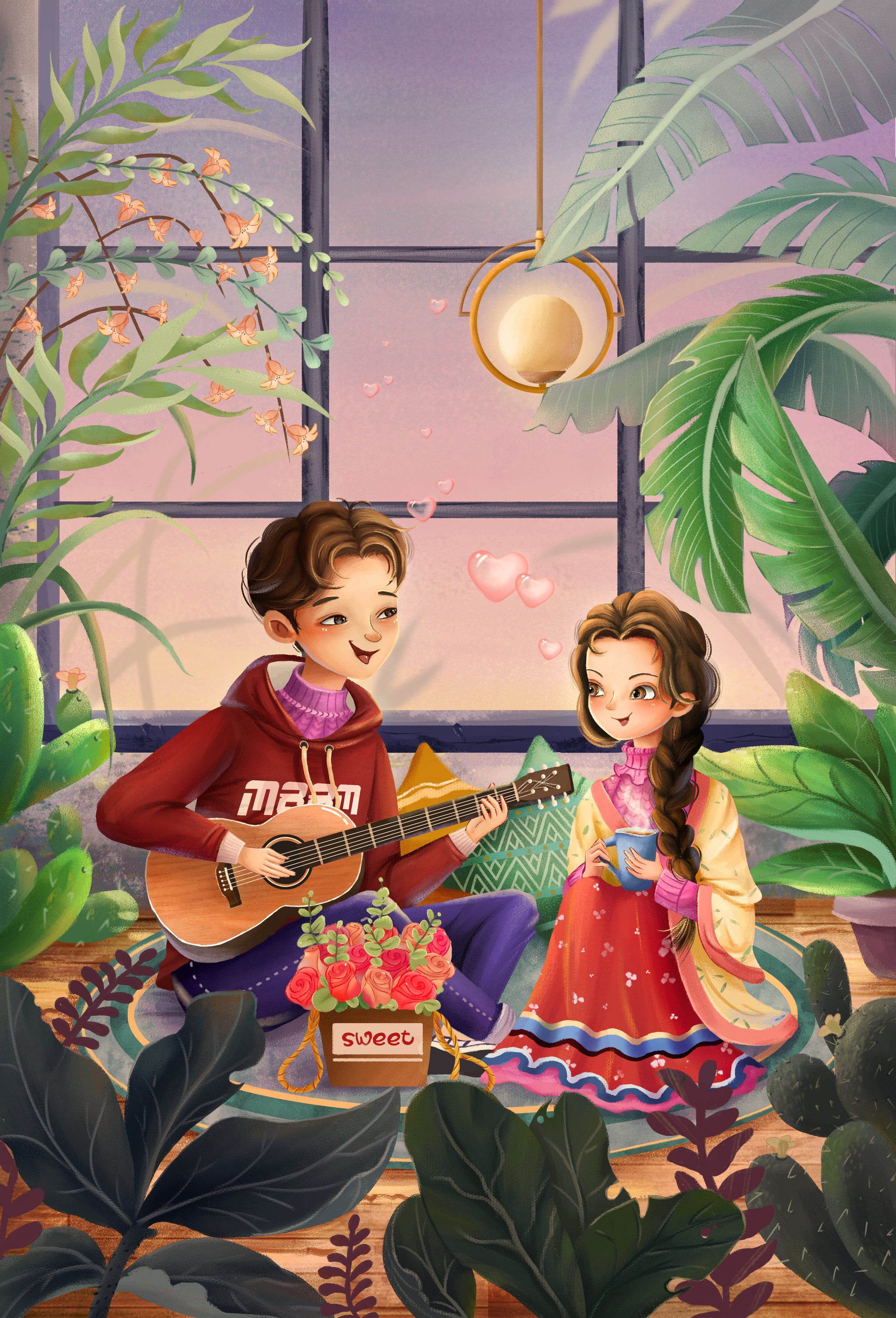 室内玻璃房小情侣弹吉他喝茶